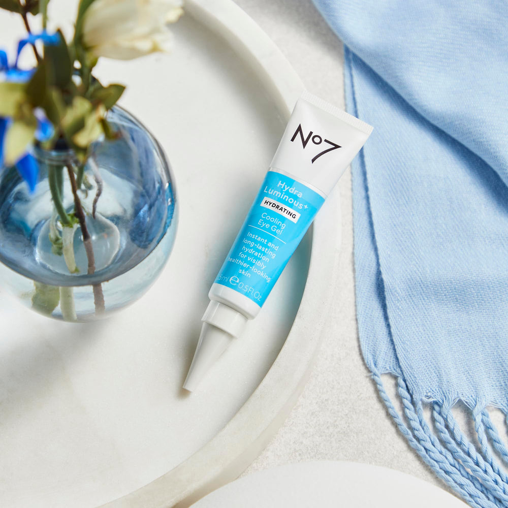 No7 HydraLuminous cooling eye gel early-morning routine pairs with start-of-day skincare.