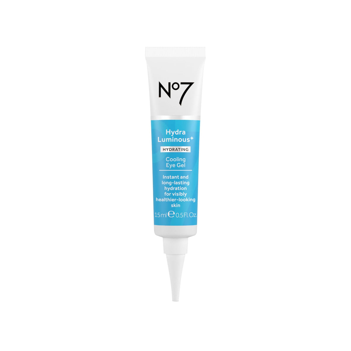 No7 HydraLuminous cooling eye gel jar closeup highlights a hydrating formula for refreshed eyes.