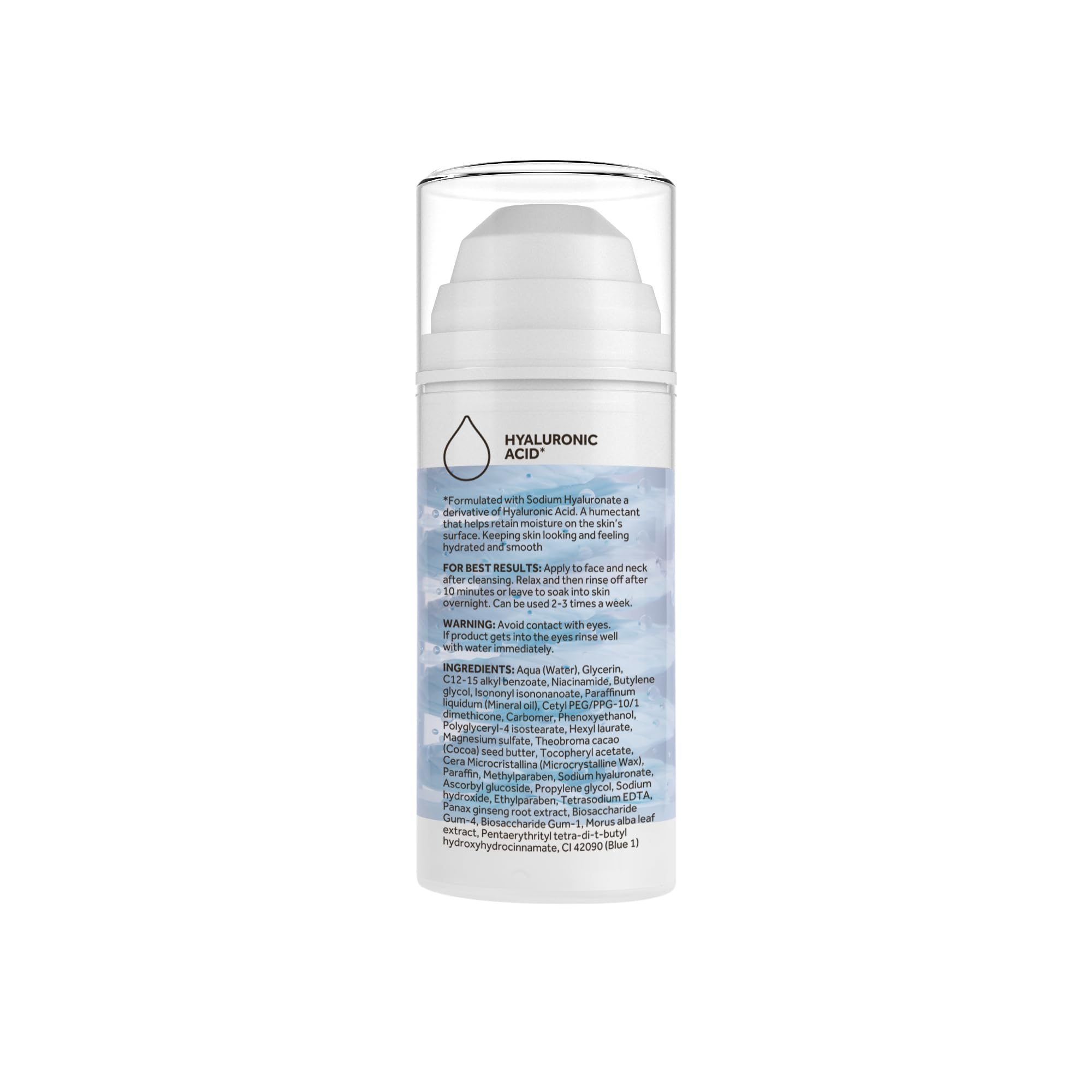 No7 ingredient label close-up showing hyaluronic acid and niacinamide clarity