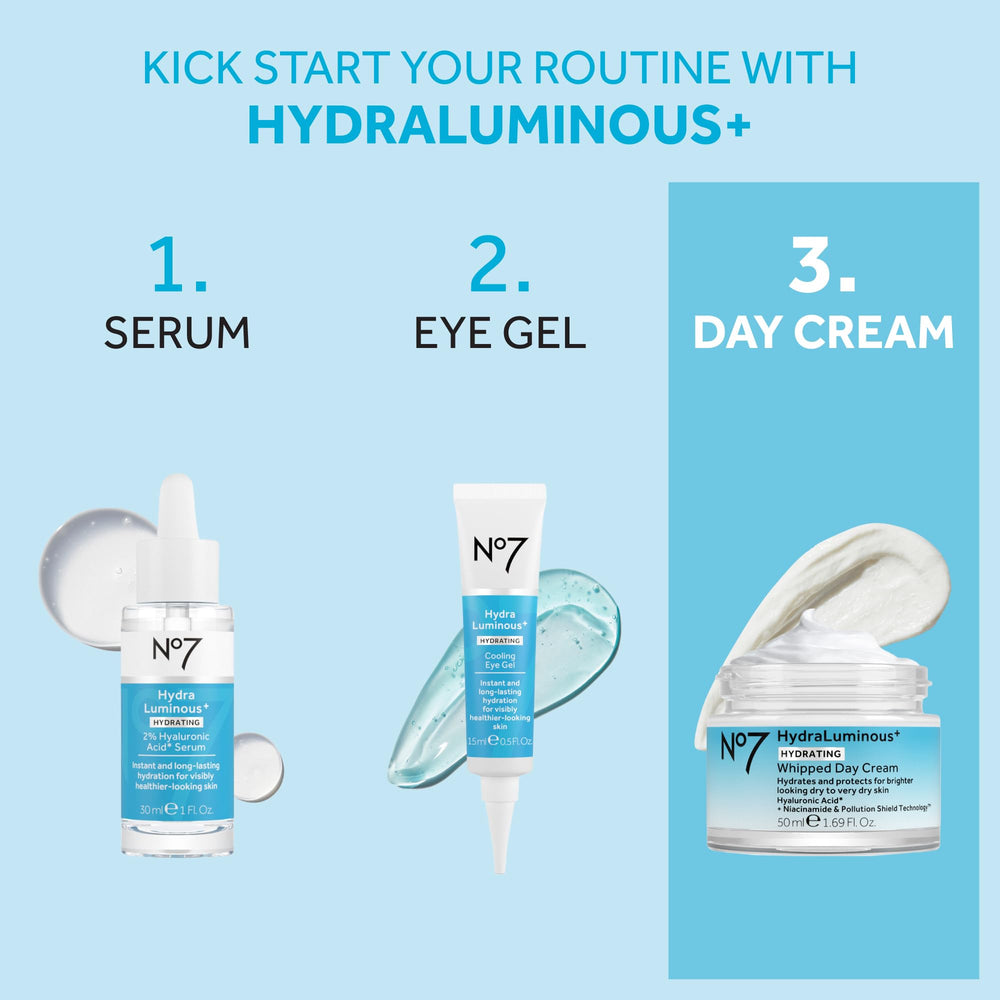 No7 HydraLuminous morning routine application demonstrates moisture for daytime use