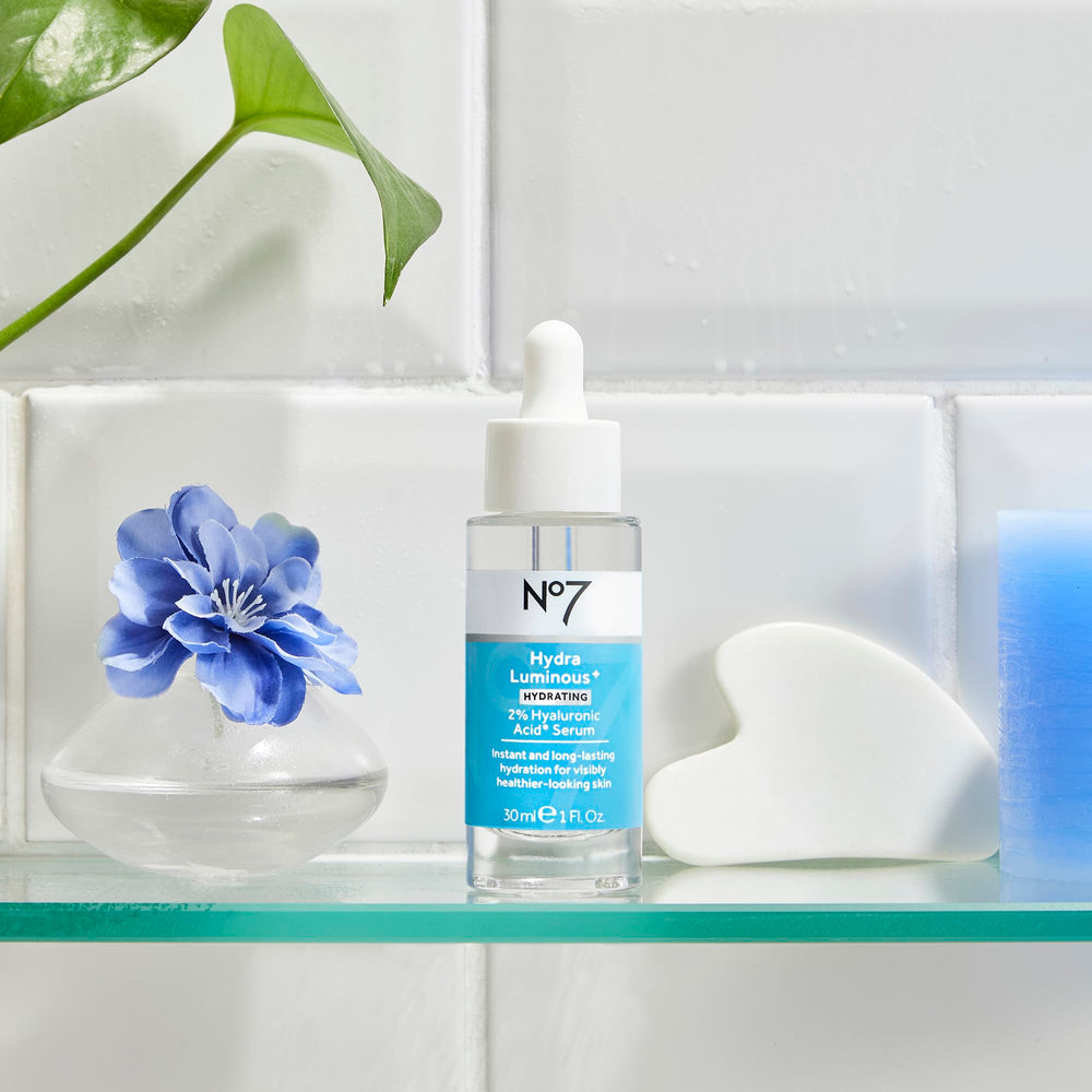 No7 HydraLuminous packaging box signals premium heritage and value