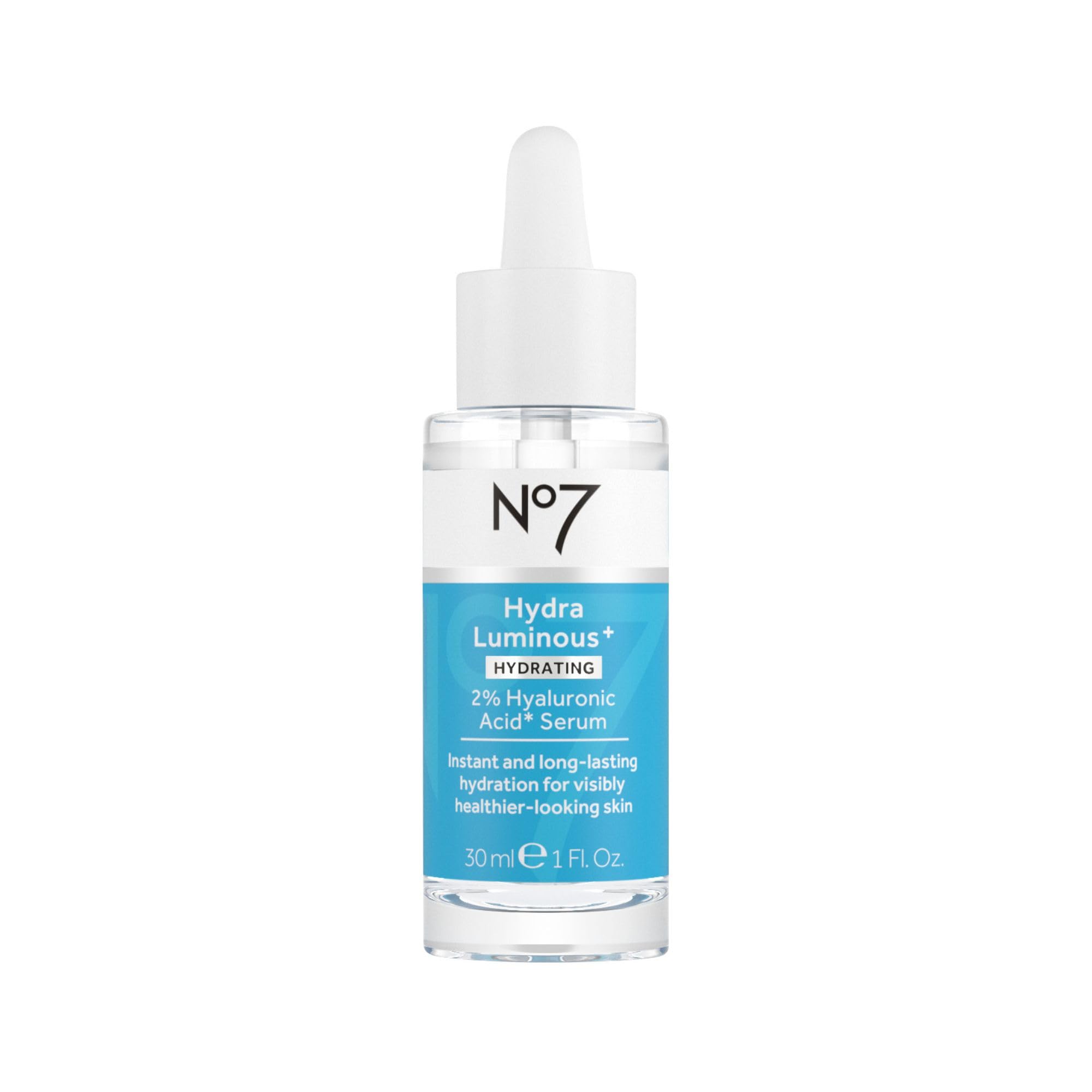 No7 HydraLuminous serum bottle shows hydration potency for plump skin