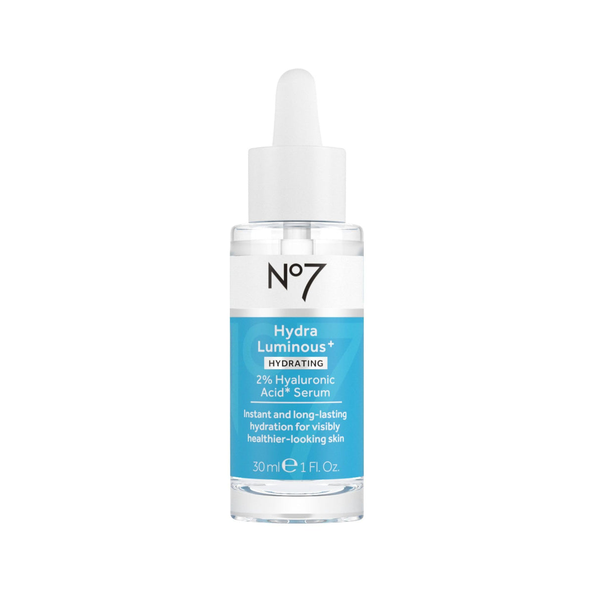 No7 HydraLuminous serum bottle shows hydration potency for plump skin