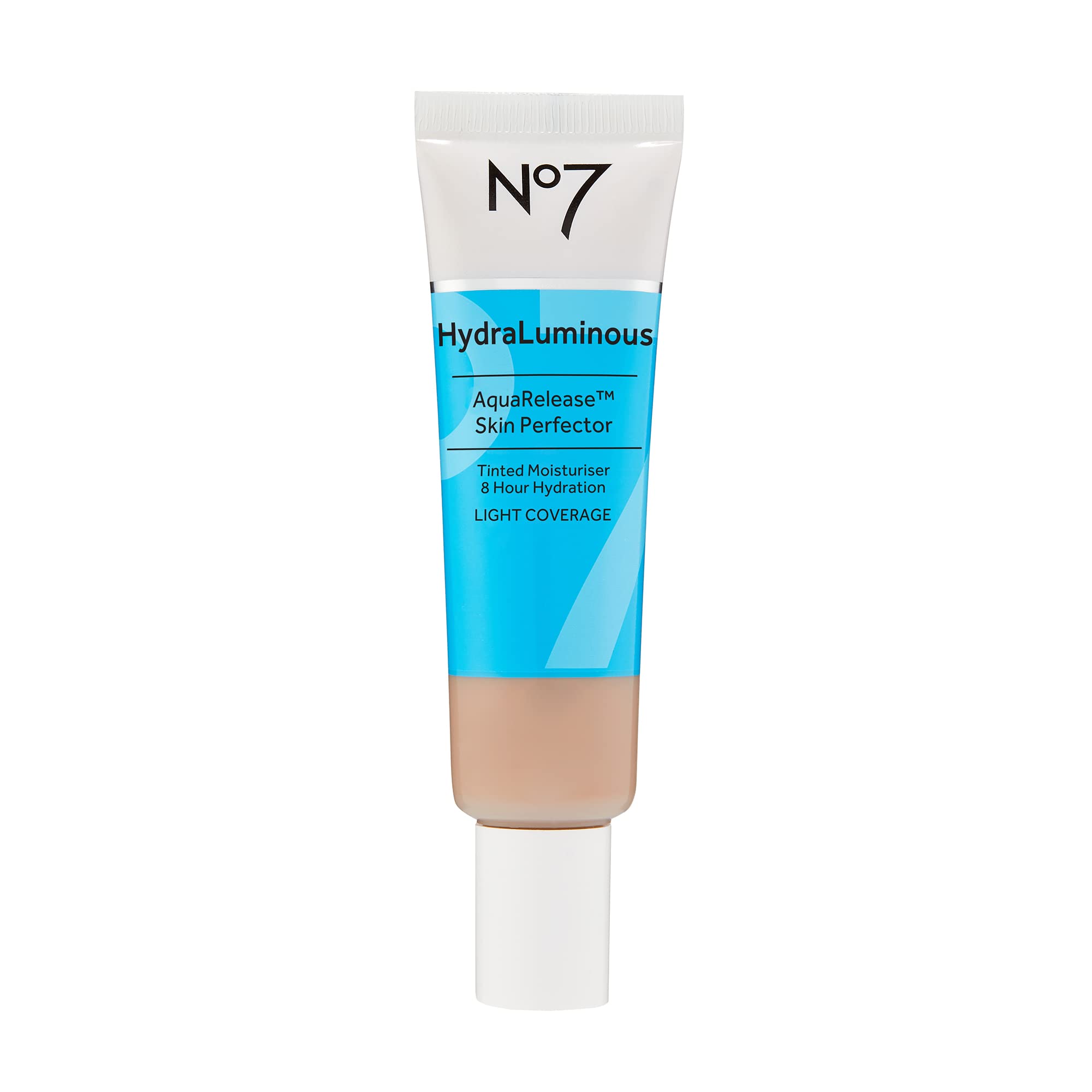 No7 HydraLuminous Skin Tint AquaRelease bottle shows the hydrating formula for all-day moisture.