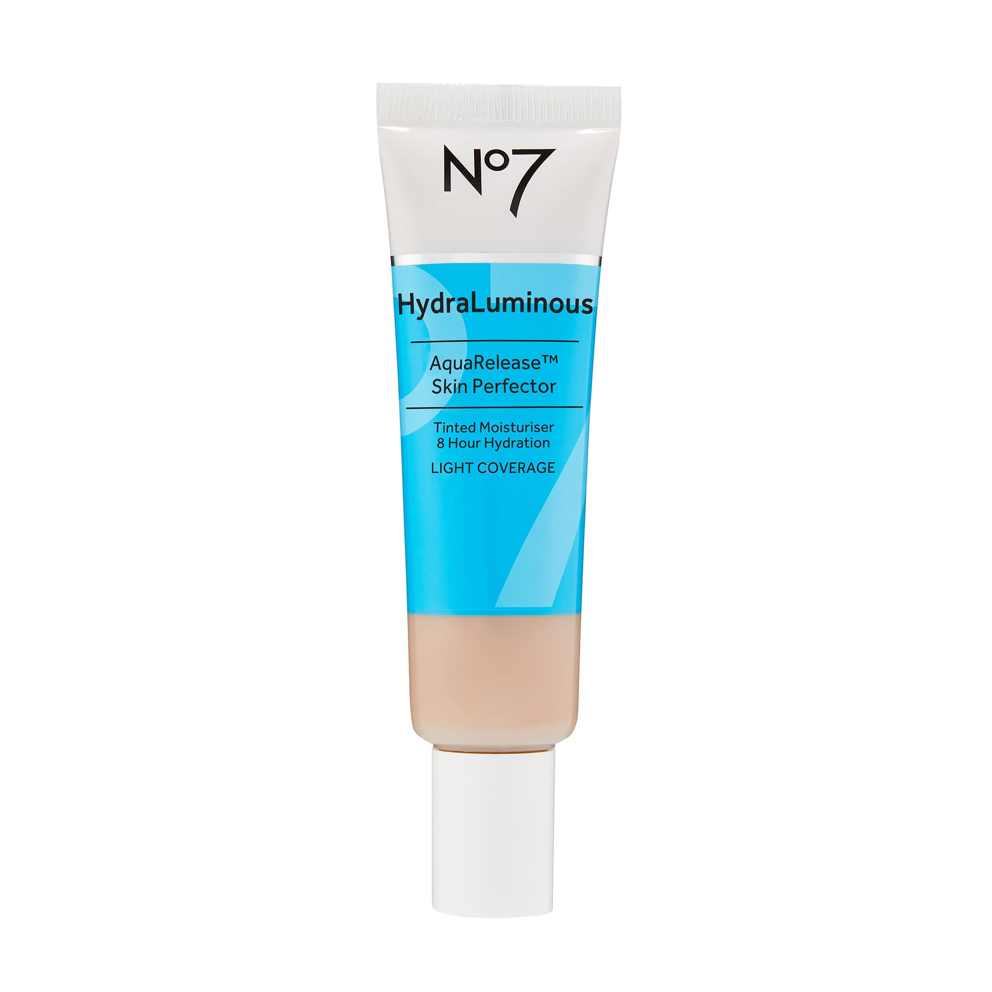 No7 HydraLuminous Skin Tint bottle close-up showing hydrating formula and dewy finish