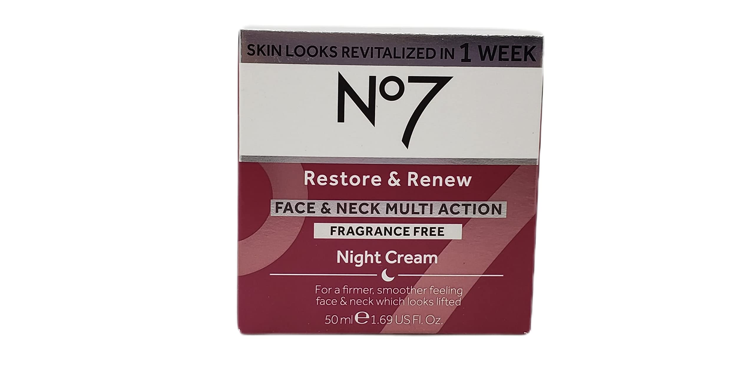 No7 label close-up highlighting Restore & Renew technology and SPF benefit