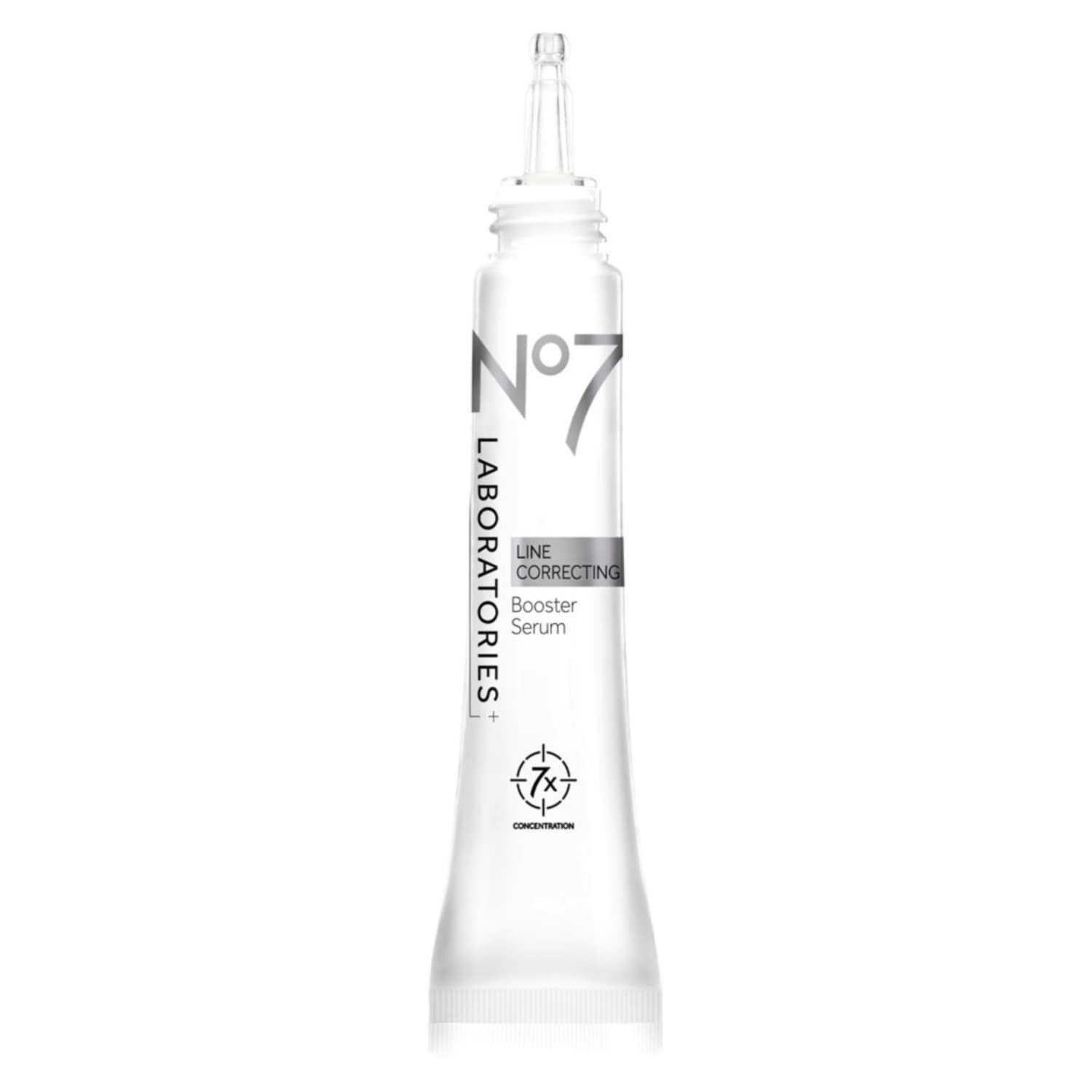 No7 Laboratories Line Correcting Booster Serum bottle close-up highlighting collagen peptide formula for aging skin.