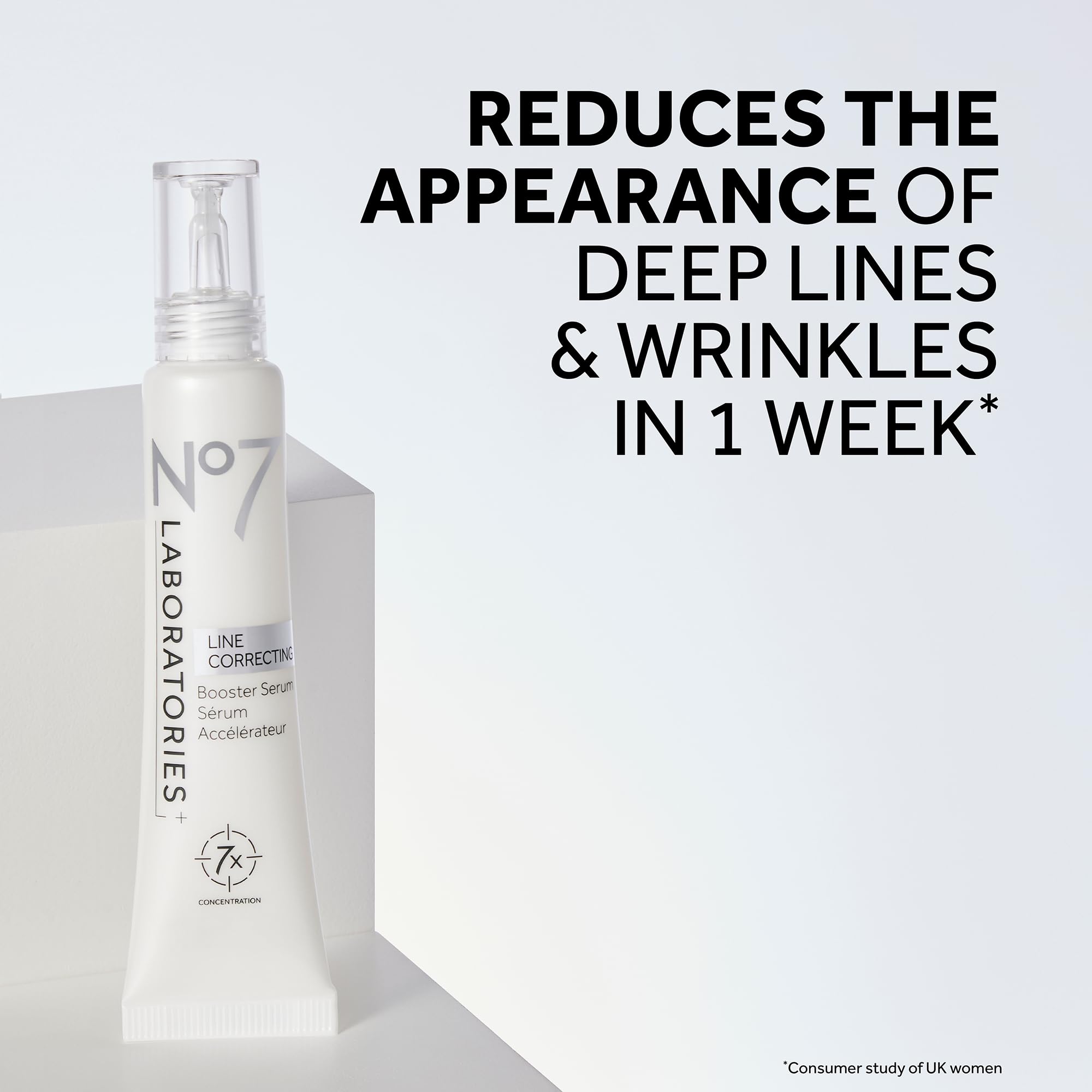 No7 Laboratories Line Correcting Booster Serum dispense pump demonstrates controlled application for consistent use.