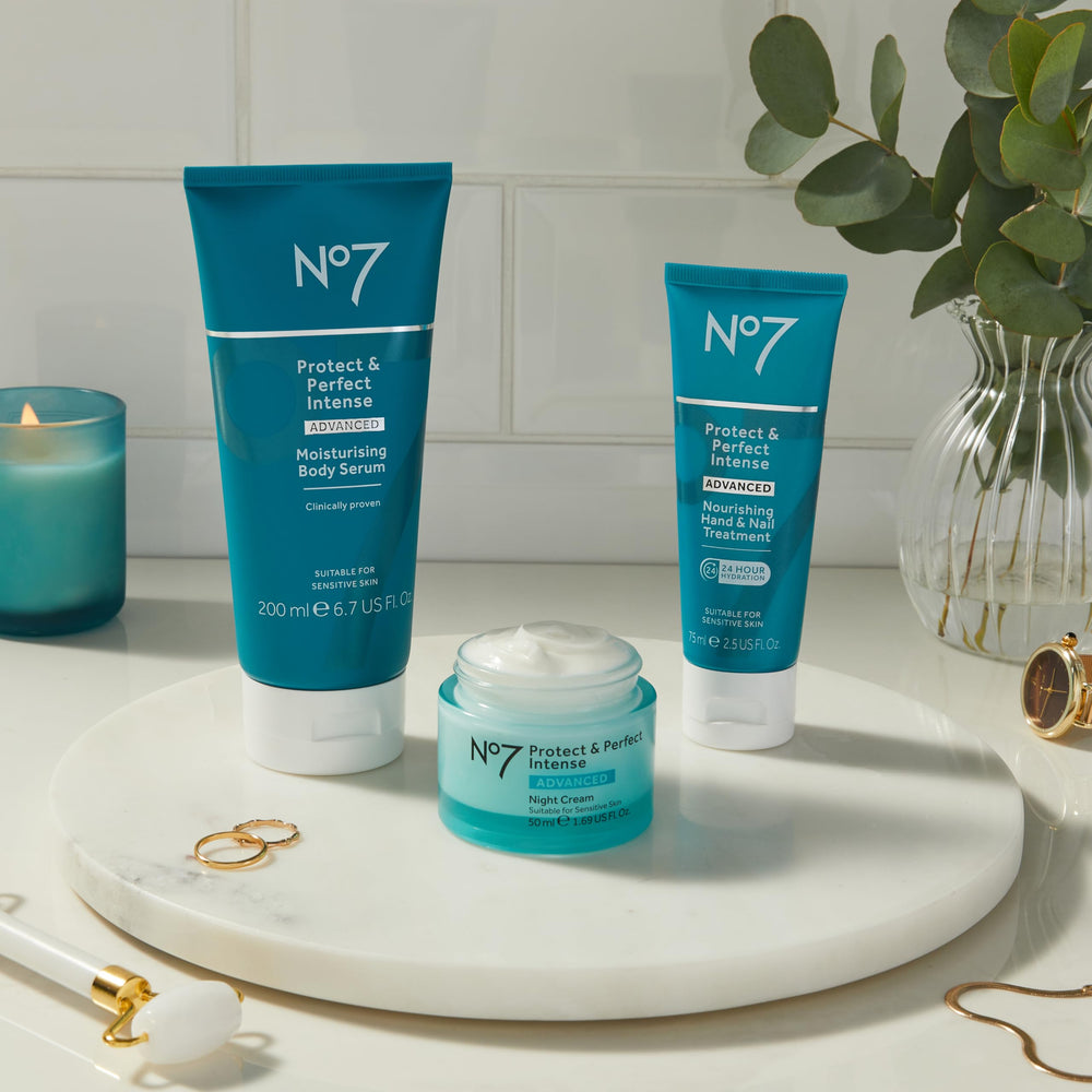 No7 bottle on bathroom vanity in lifestyle scene promoting daily routine use