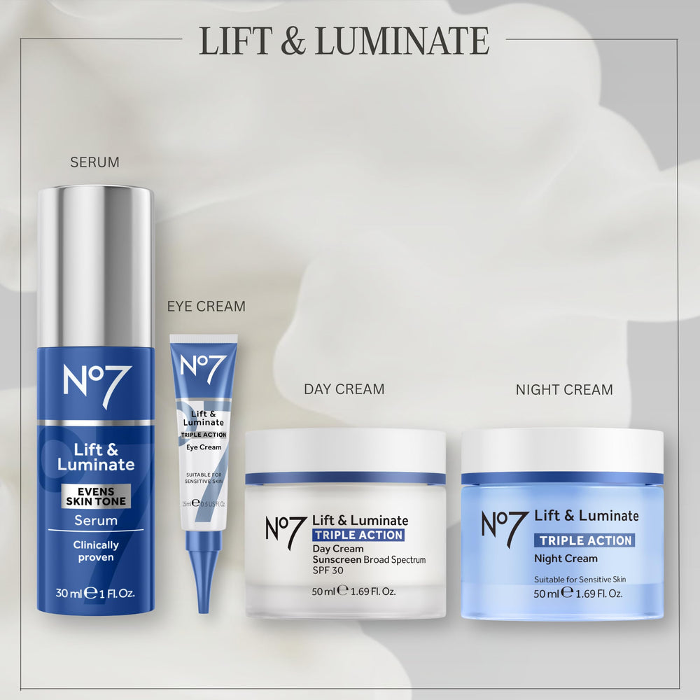 No7 in a morning routine bathroom scene conveying SPF protection and radiance