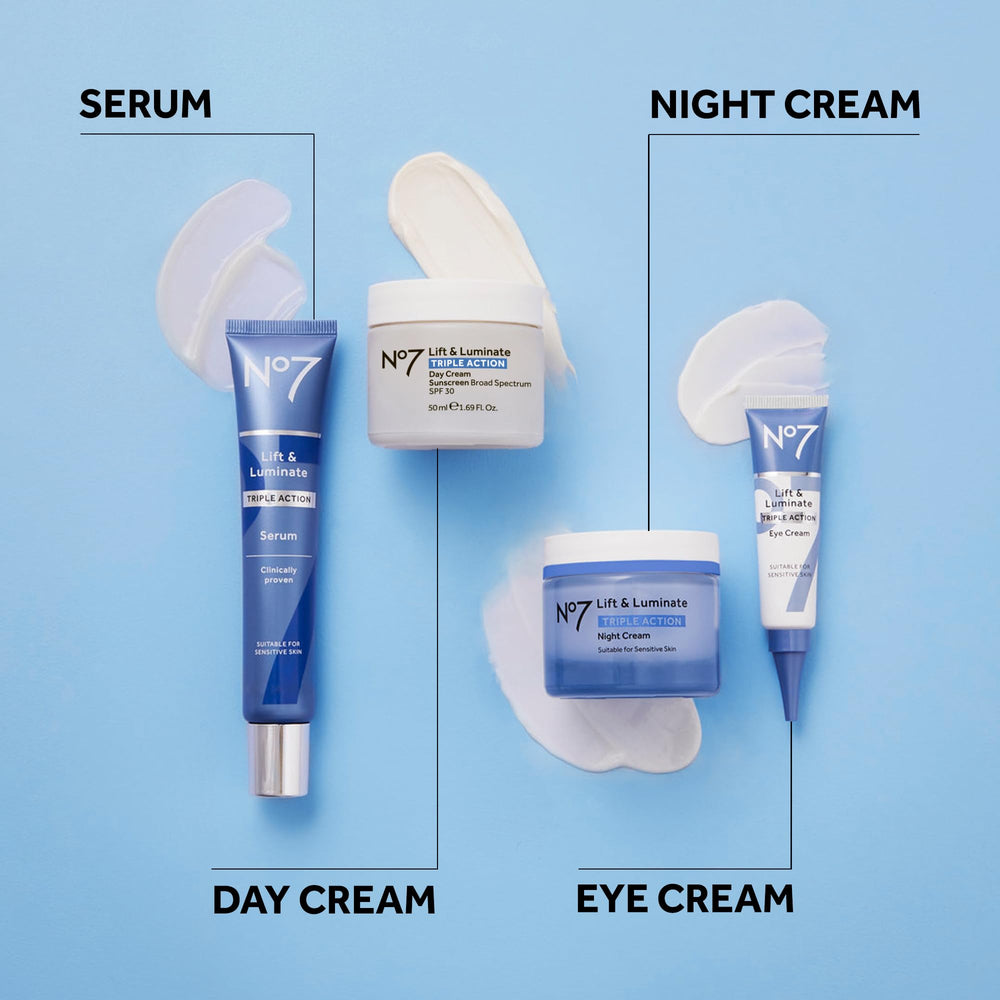 No7 Lift and Luminate evening routine shot with other Vitamin C products.