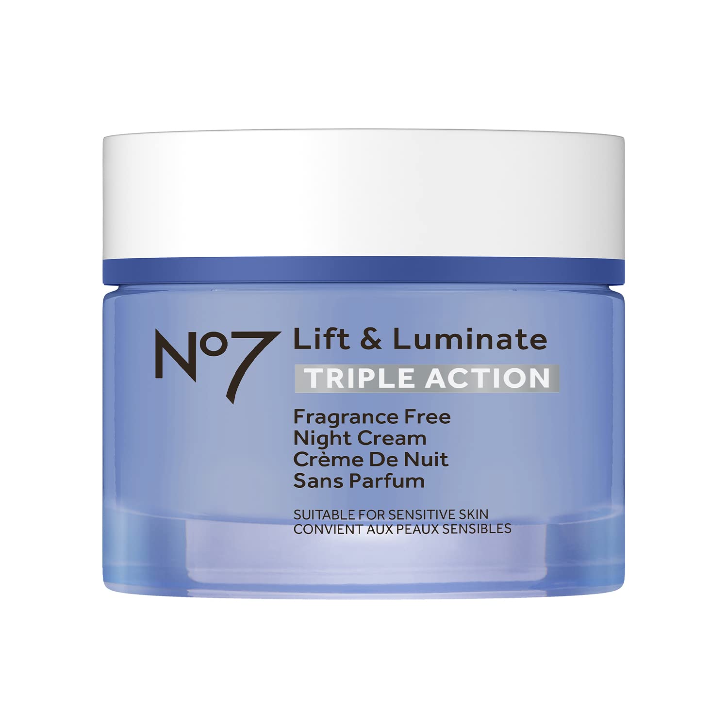 No7 Lift and Luminate night cream jar ready for overnight hydration and firming glow.