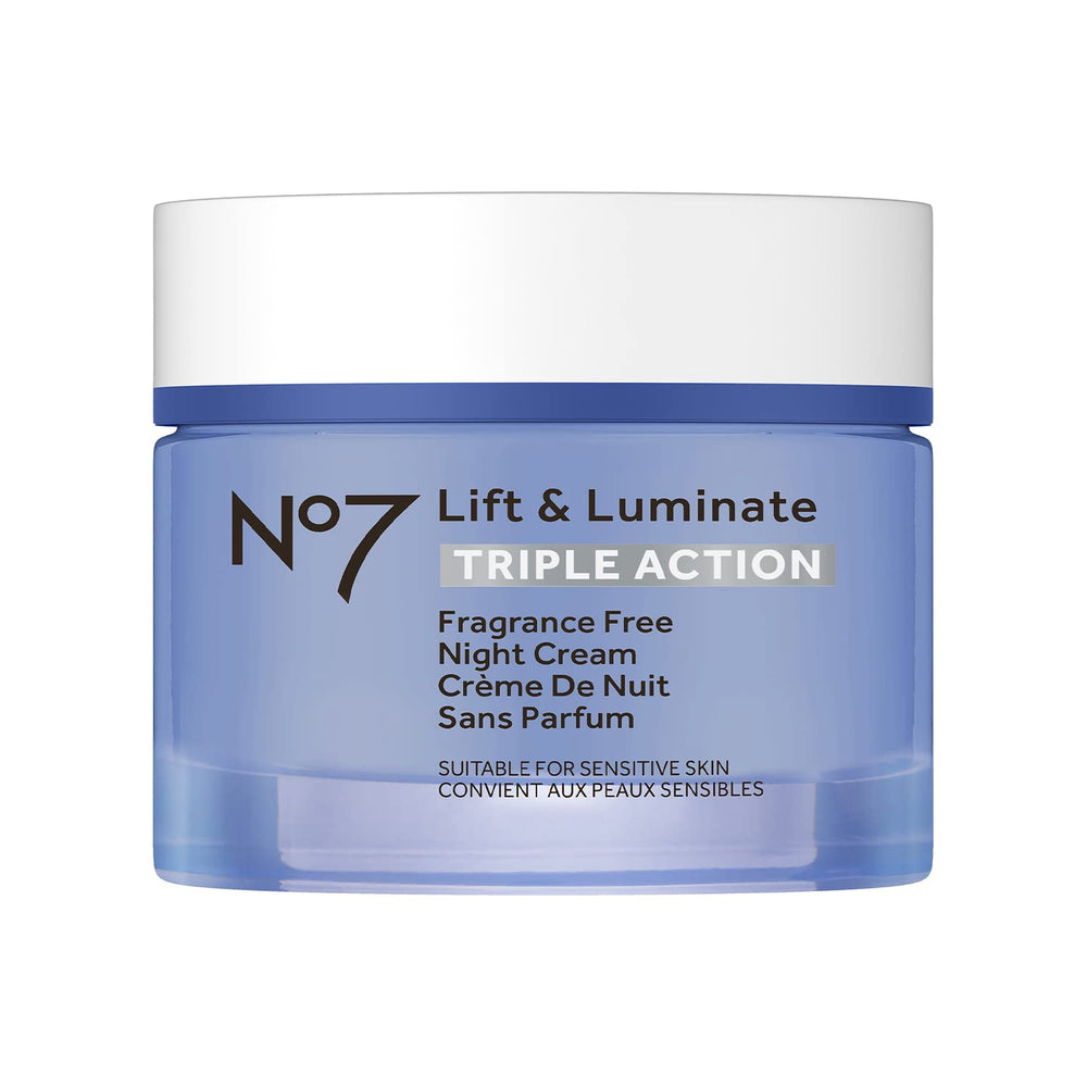 No7 Lift and Luminate night cream jar ready for overnight hydration and firming glow.