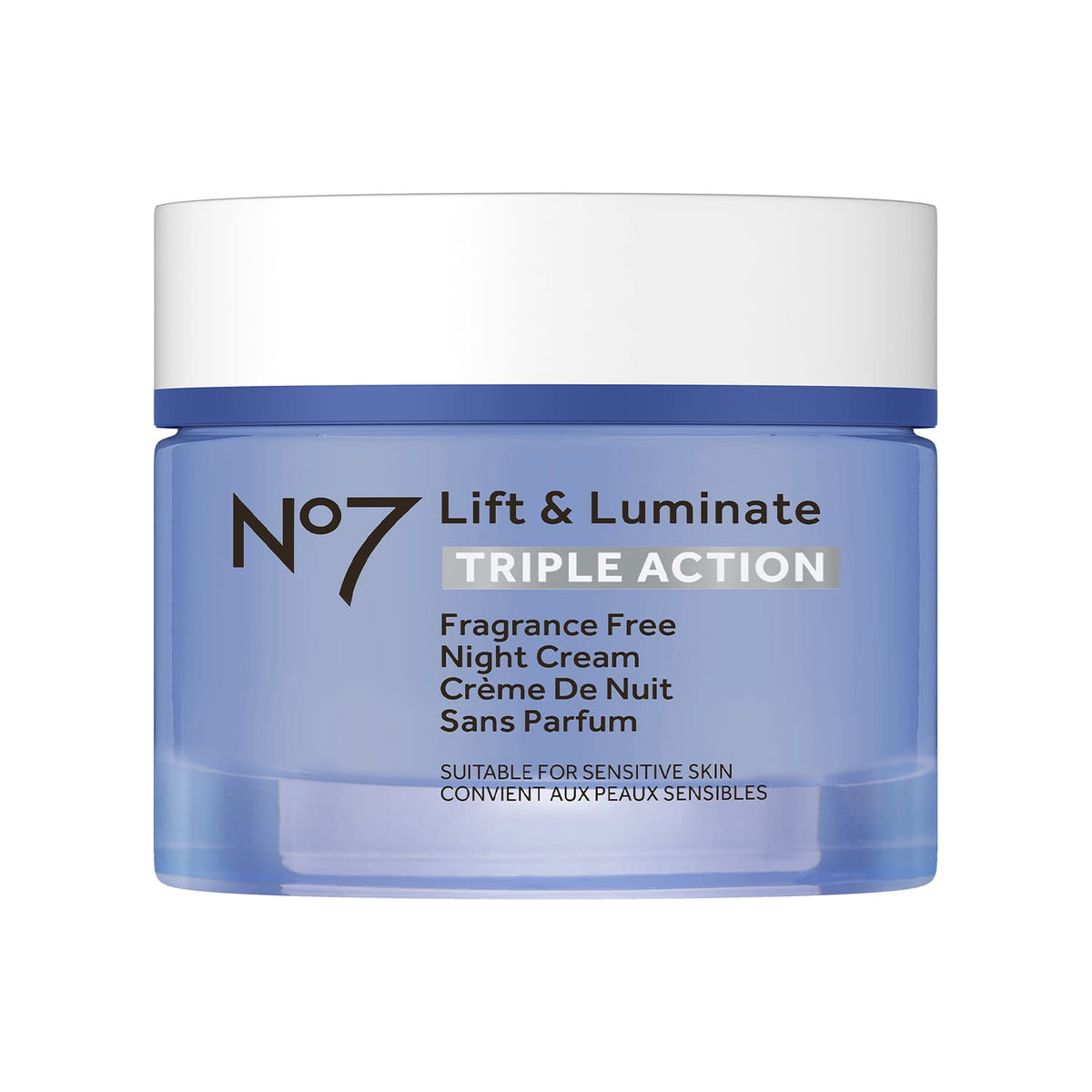 No7 Lift and Luminate night cream jar ready for overnight hydration and firming glow.