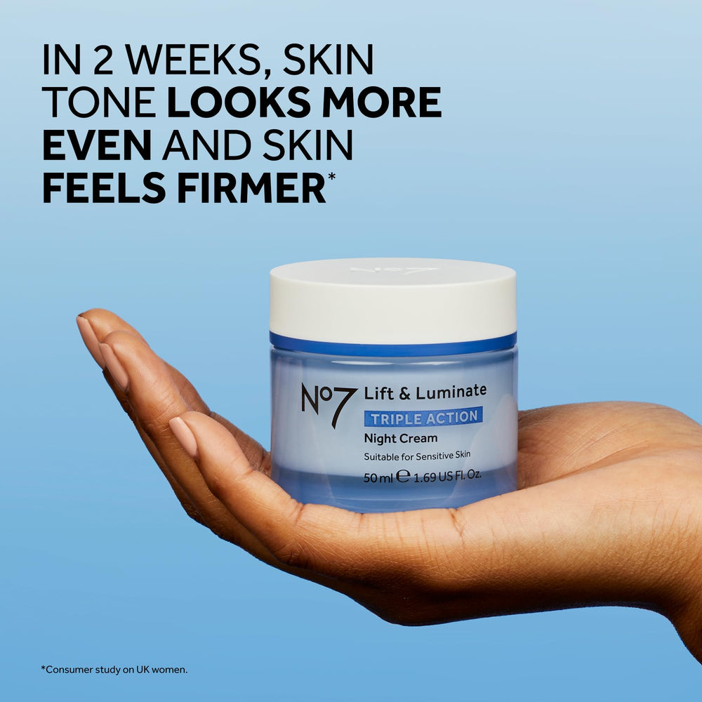 No7 Lift and Luminate vitamin C pigment complex close-up indicating evening brightening support.