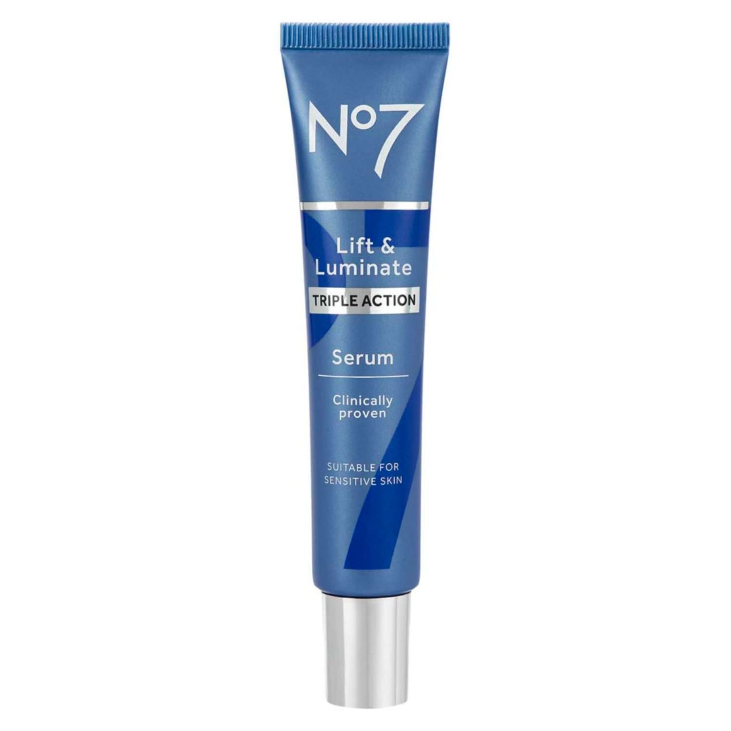 No7 Lift and Luminate serum bottle showing brightening hydration.