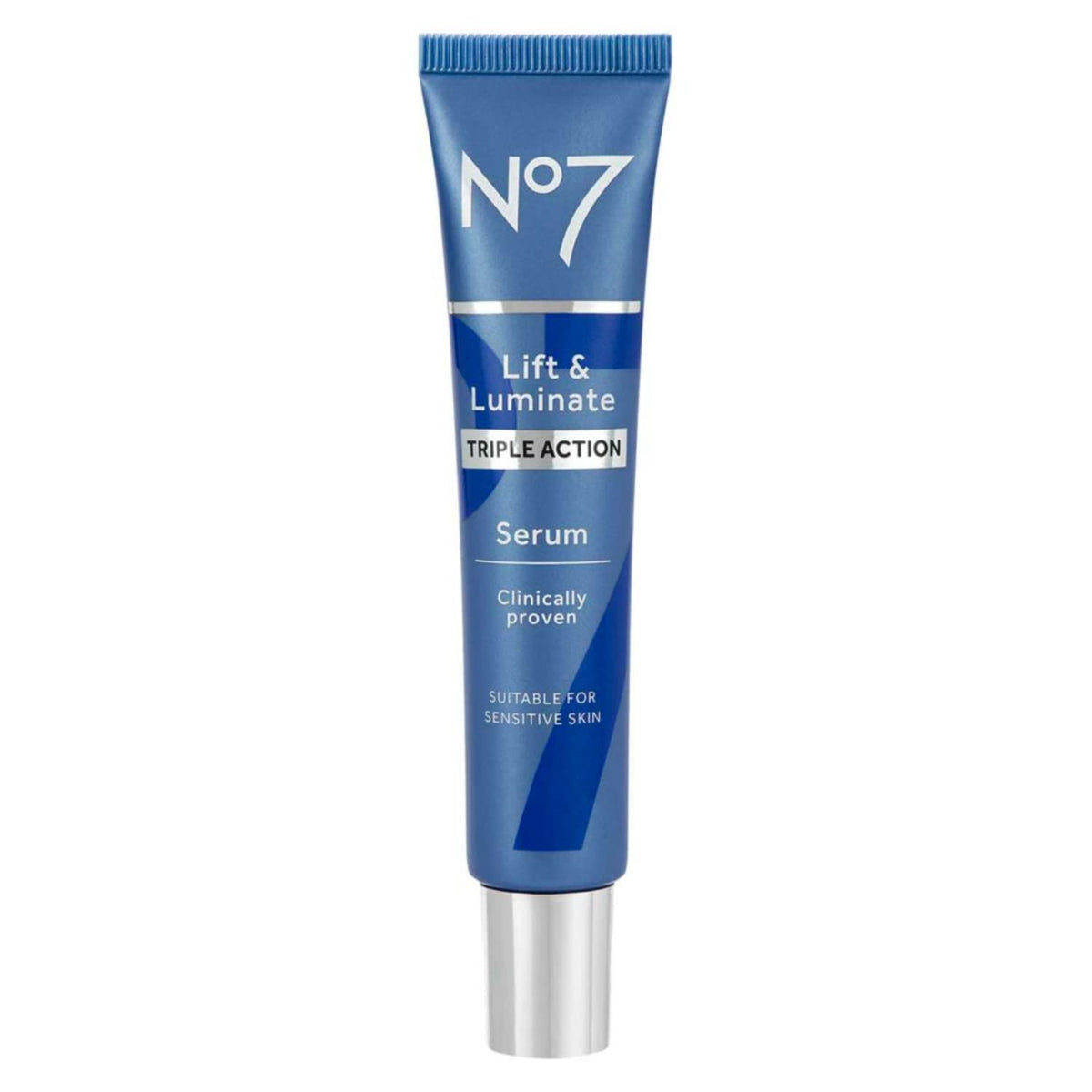 No7 Lift and Luminate serum bottle showing brightening hydration.