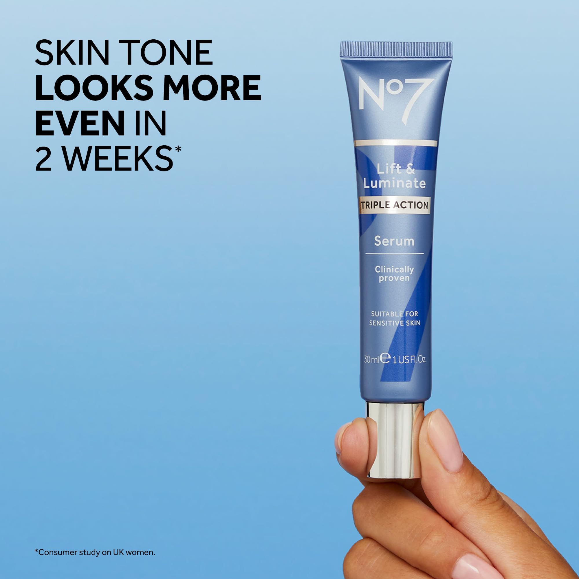 No7 Lift and Luminate serum texture close-up highlighting smooth, brightening formula.