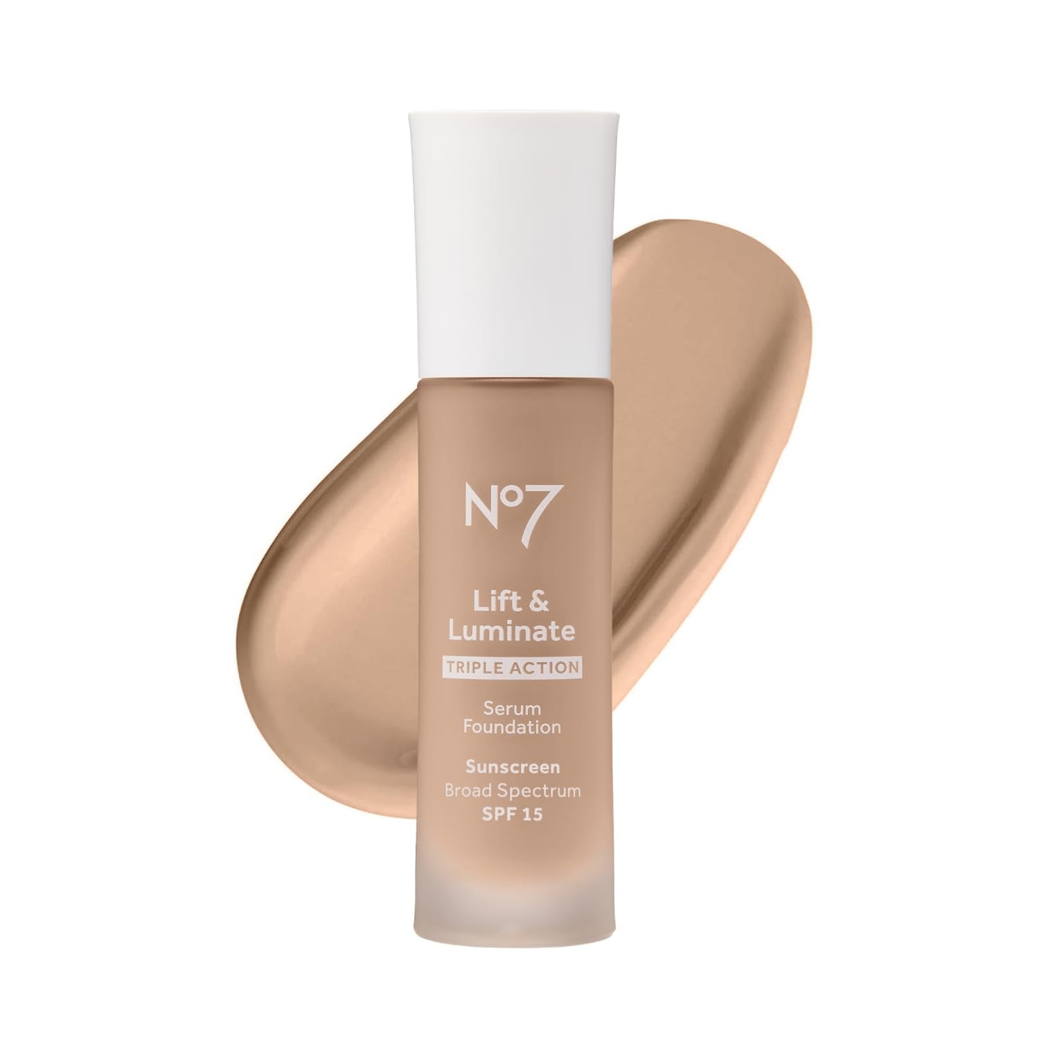 No7 Lift & Luminate foundation bottle closeup showing dewy glow and SPF protection