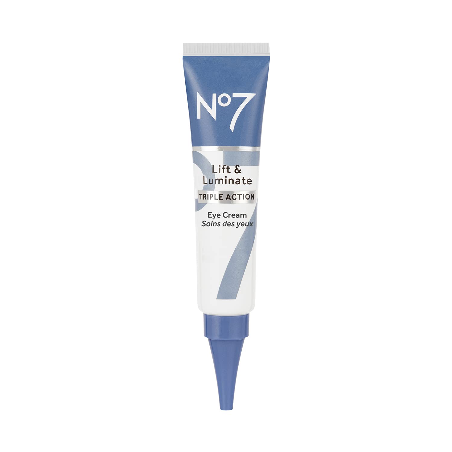 No7 Lift & Luminate cream tube close-up highlighting brightening under-eye care.