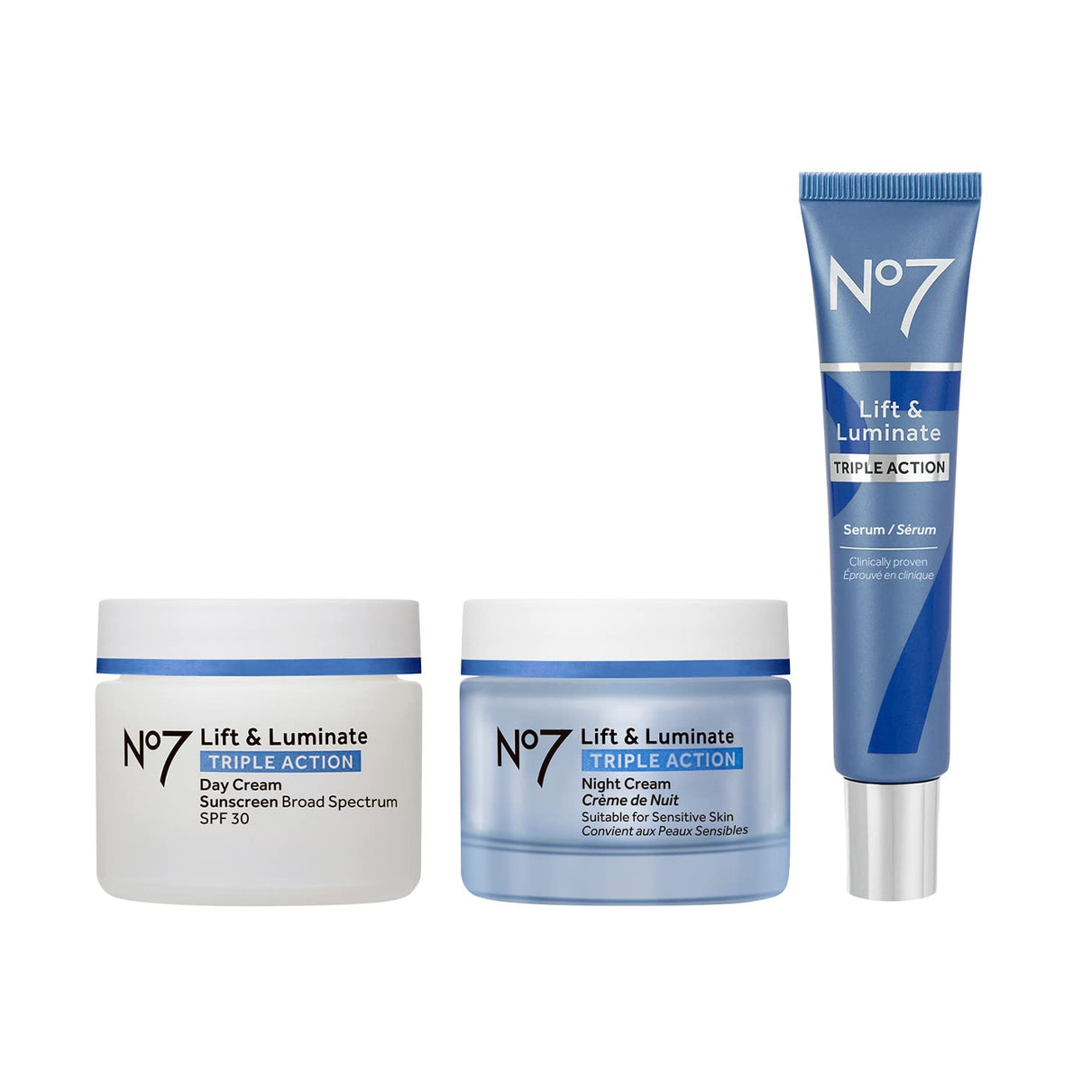 No7 Lift & Luminate day cream SPF 30 tube provides daily hydration and protection.