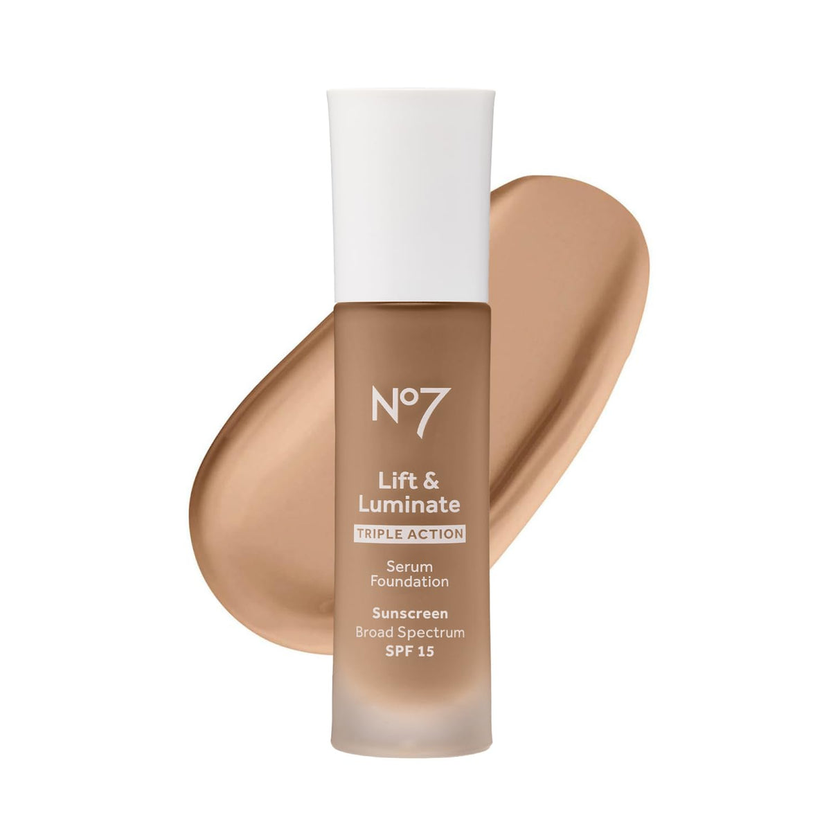 No7 bottle front view showing product and shade offering a radiant base