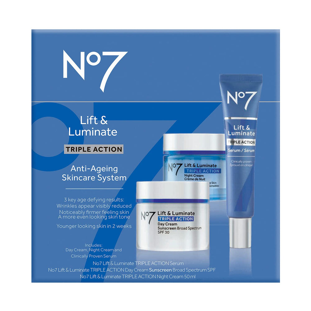 3-piece No7 Lift & Luminate kit packaging showing all products together.