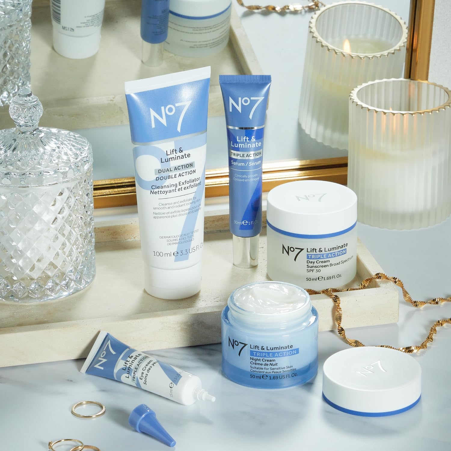 No7 Lift & Luminate night cream collagen peptide jar for overnight nourishment.