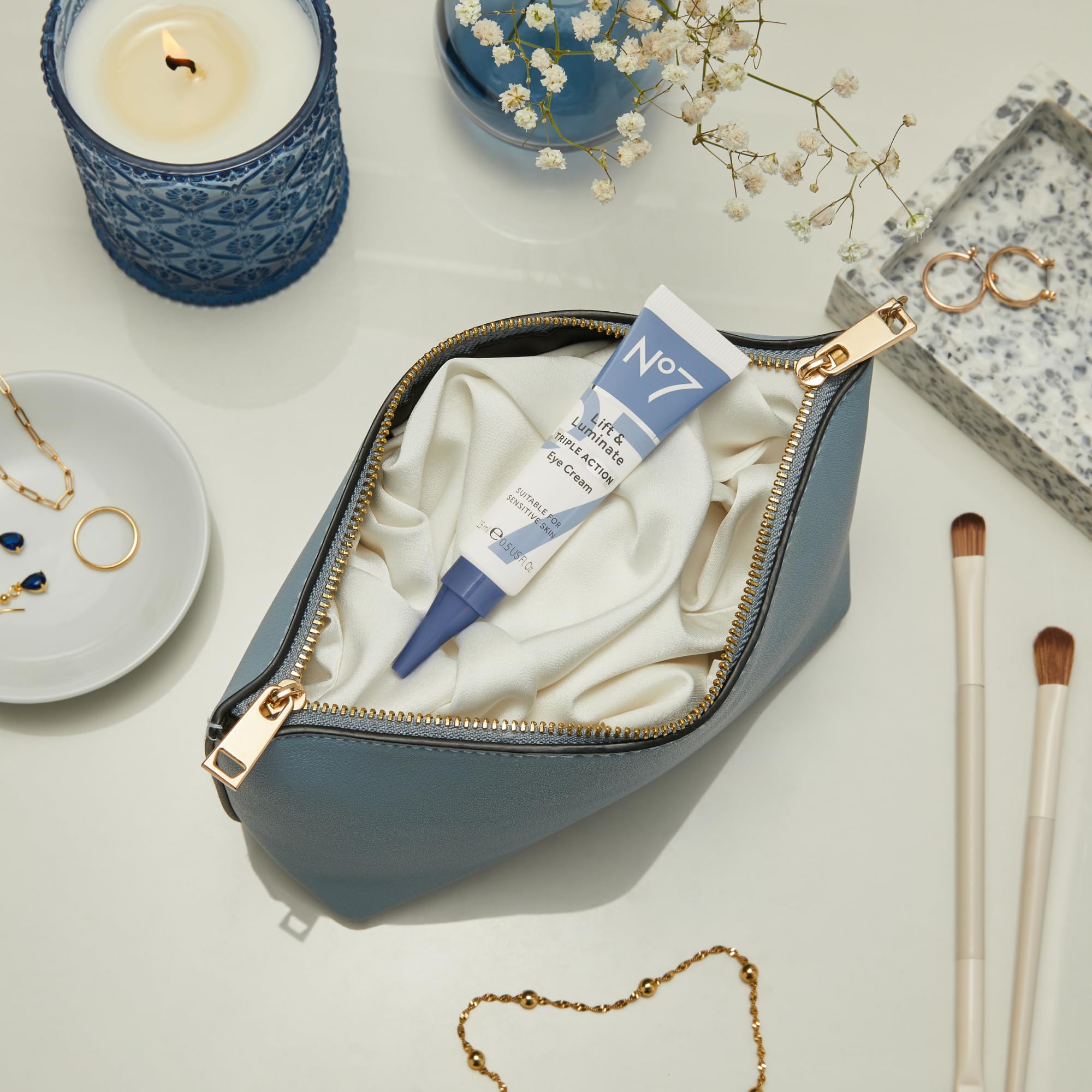 No7 Lift & Luminate packaging shot emphasizes premium eye care treatment.