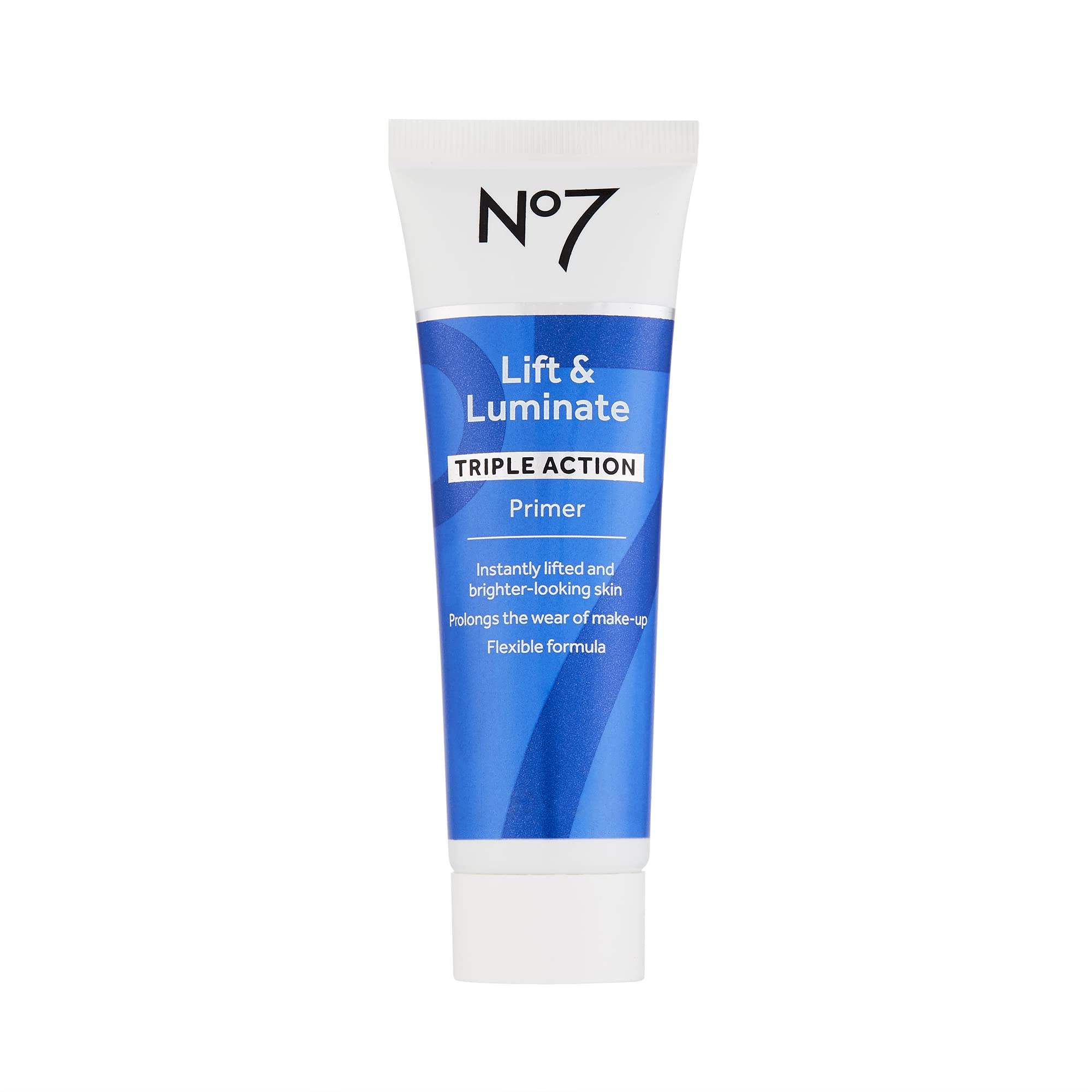No7 Lift and Luminate Primer bottle closeup highlighting hydrating glow for makeup base