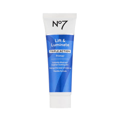 No7 Lift and Luminate Primer bottle closeup highlighting hydrating glow for makeup base