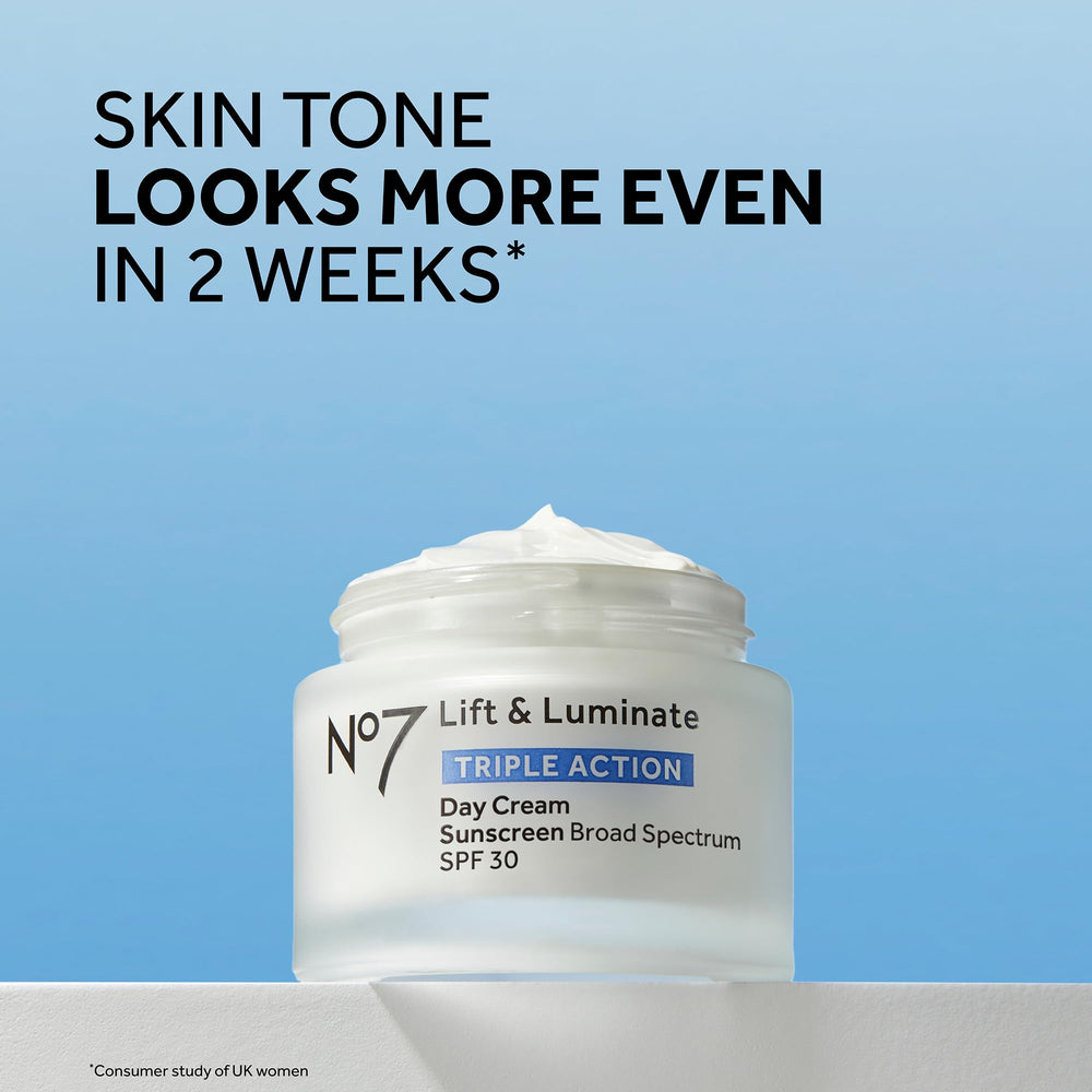 No7 Lift & Luminate SPF 30 bottle highlighting fragrance-free protection