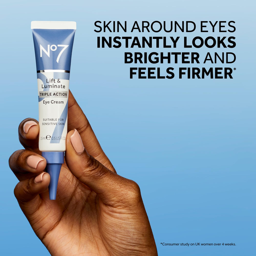 No7 Lift & Luminate under-eye glow shot suggests refreshed, awake eyes.