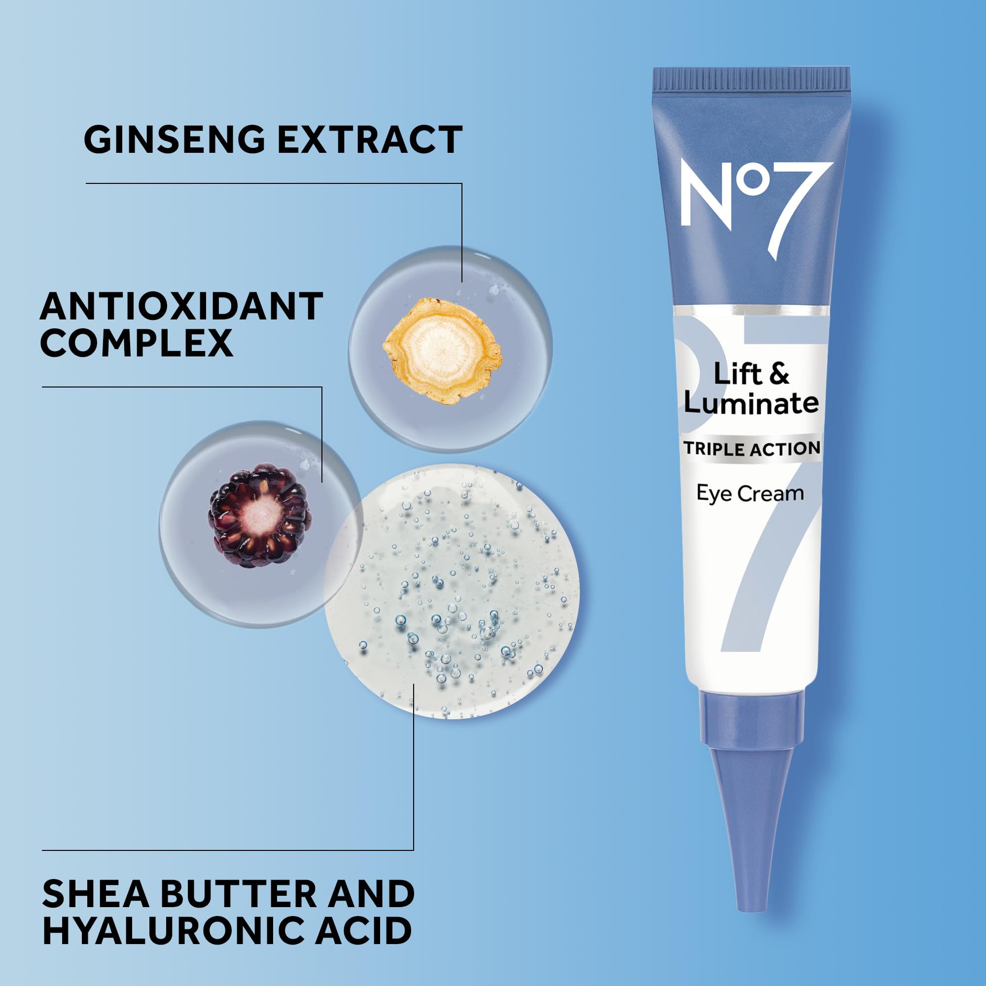 No7 Lift & Luminate vitamin C emblica and collagen peptide emphasis in product photo.