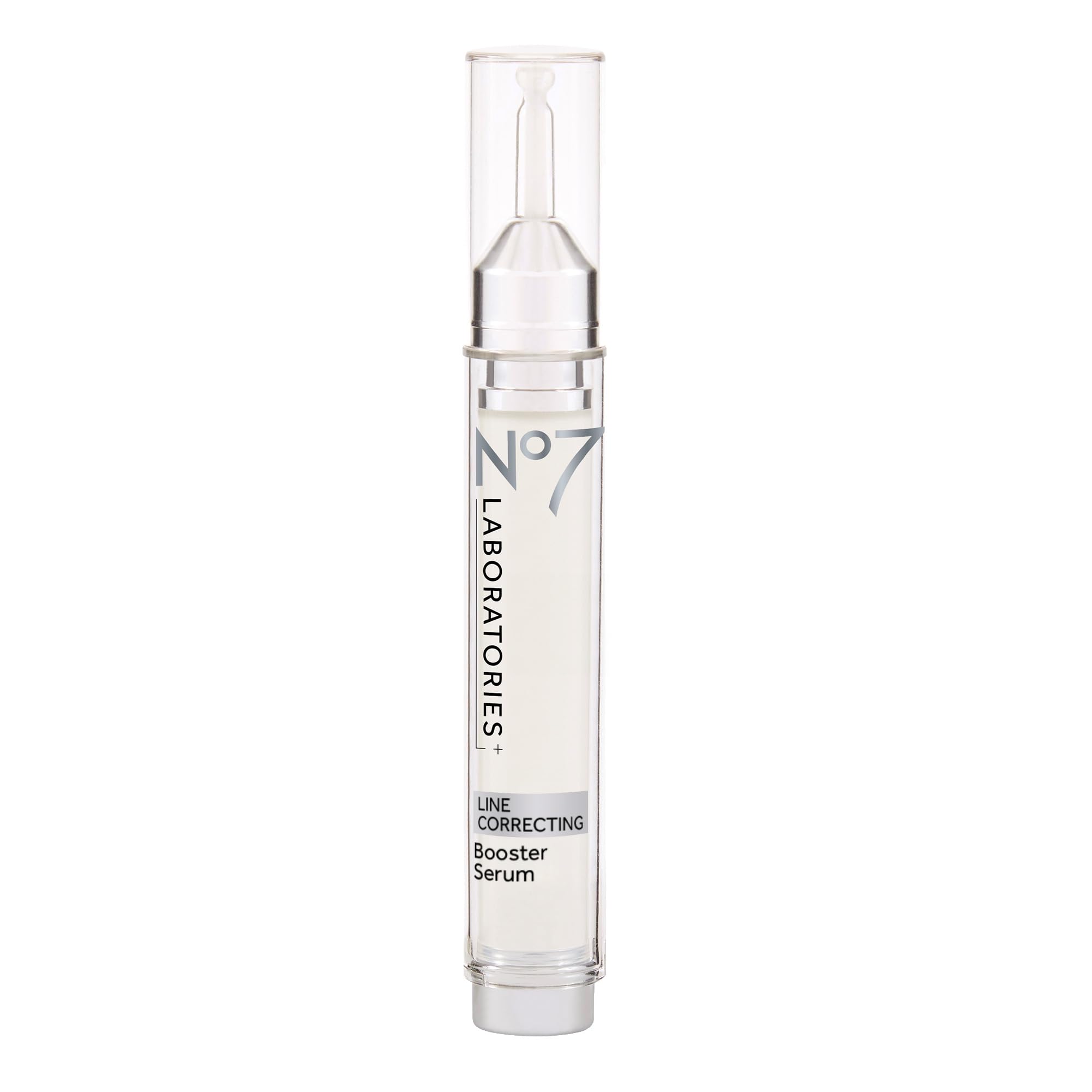 No7 Line Correcting Serum bottle closeup shows collagen peptides for mature skin hydration.