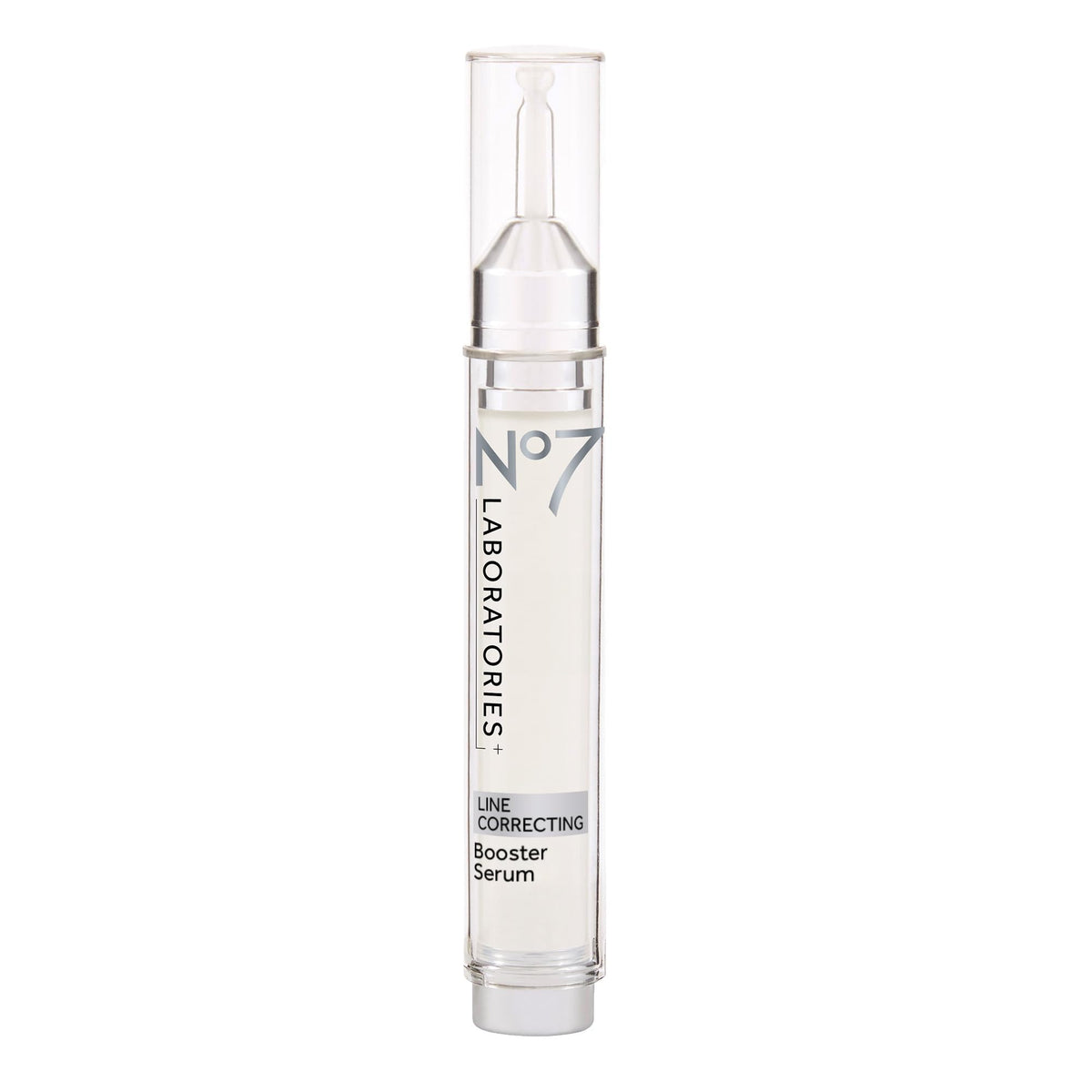 No7 Line Correcting Serum bottle closeup shows collagen peptides for mature skin hydration.