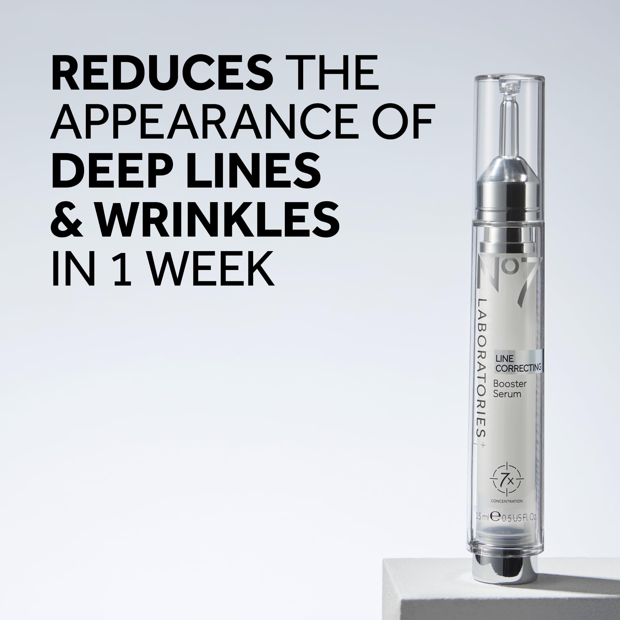 No7 Line Correcting Serum pump application demonstrates easy daily hydration for smoothing.