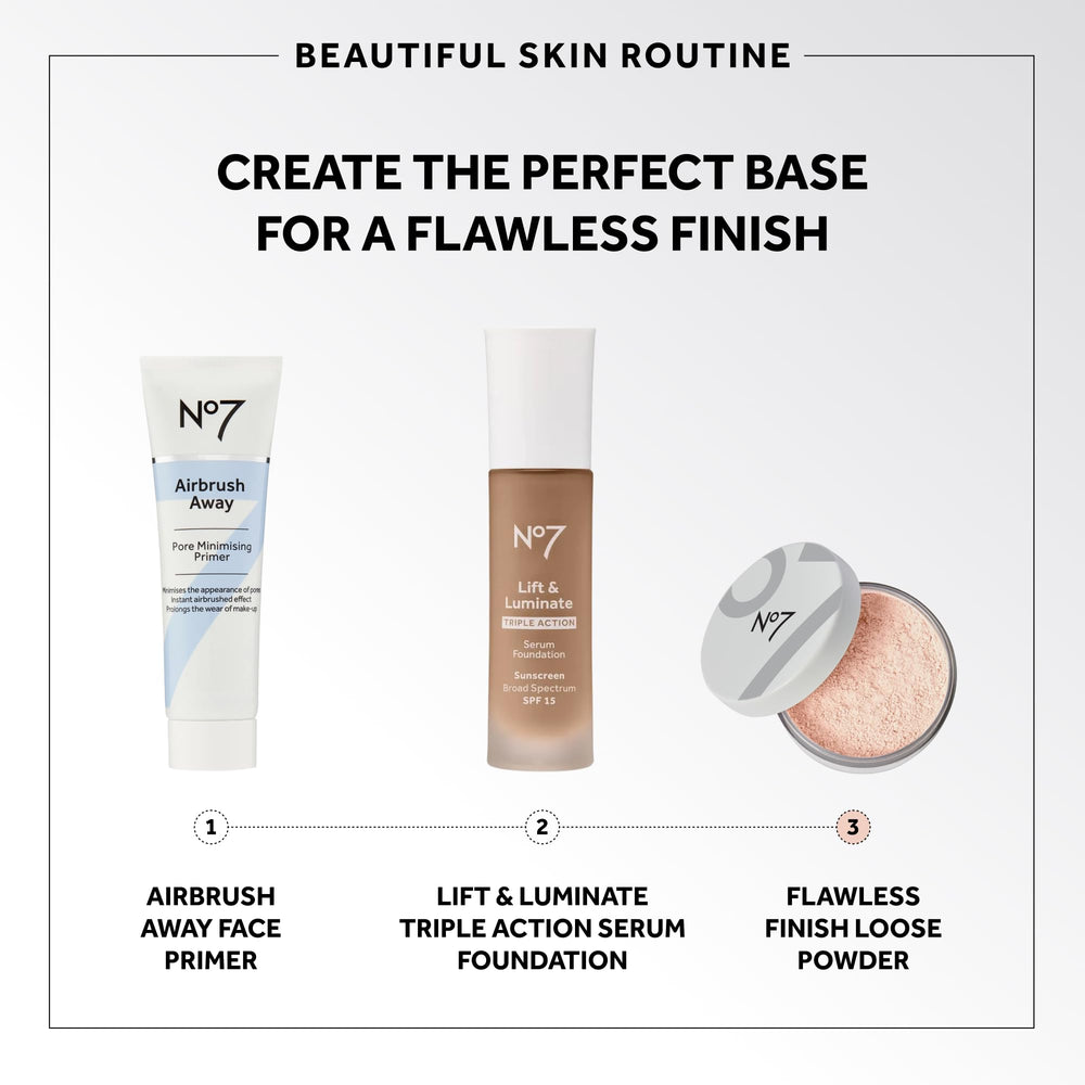 No7 powder being applied with brush, demonstrating natural matte benefit