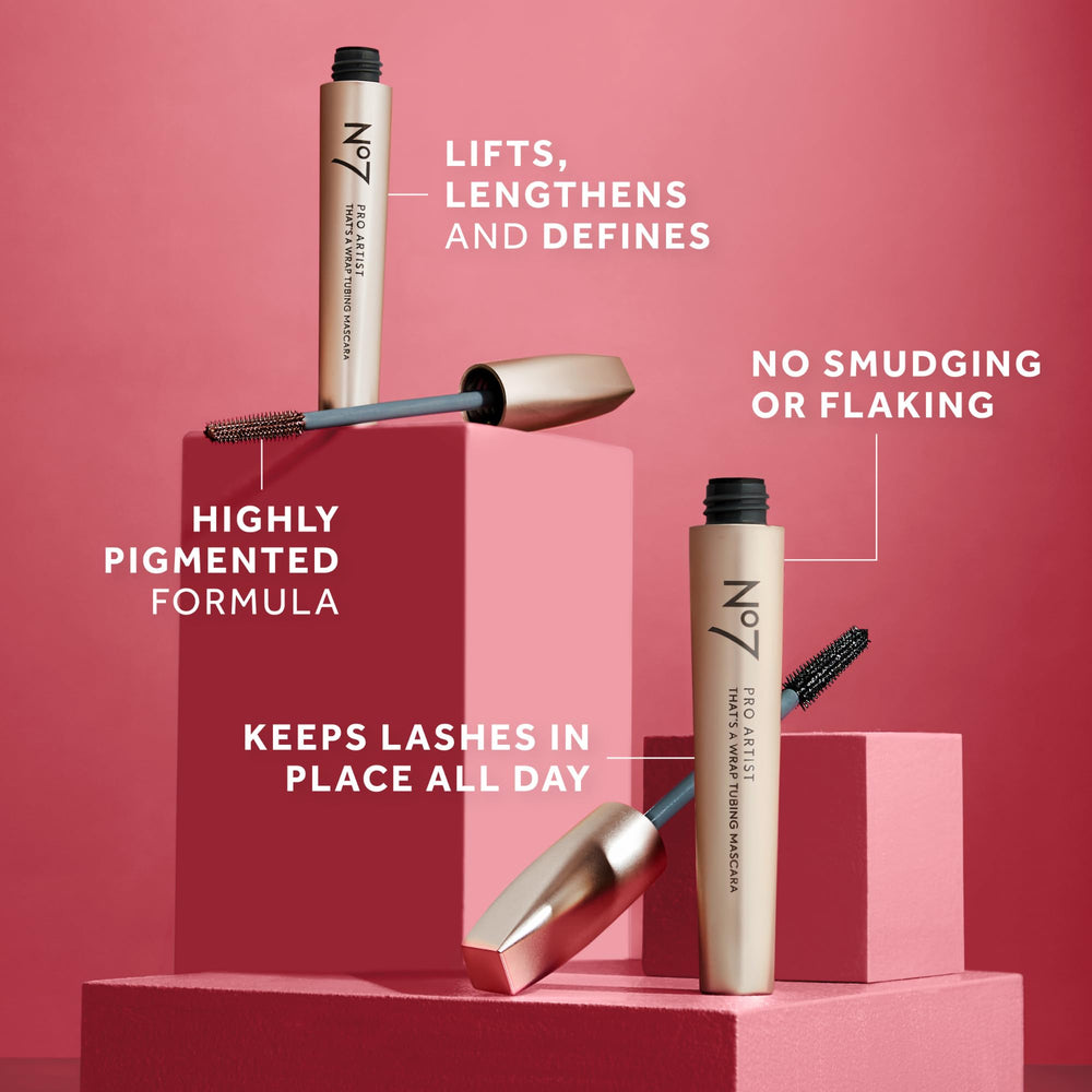 No7 mascara next to ruler showing 0.28 fl oz size for travel convenience