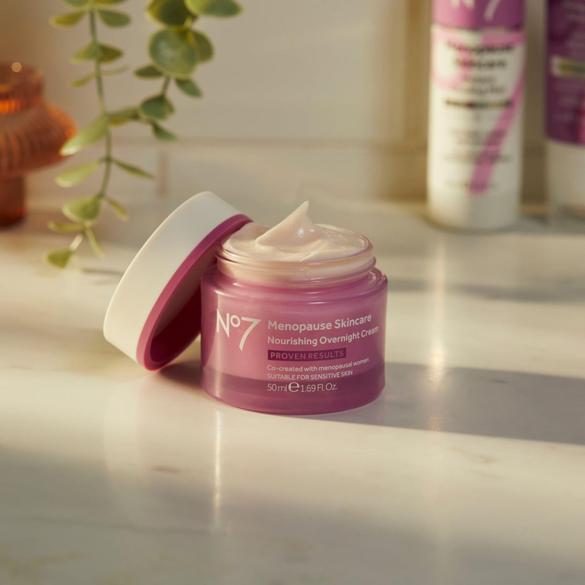 No7 menopause night cream ingredient close-up showing ceramides for hydration.