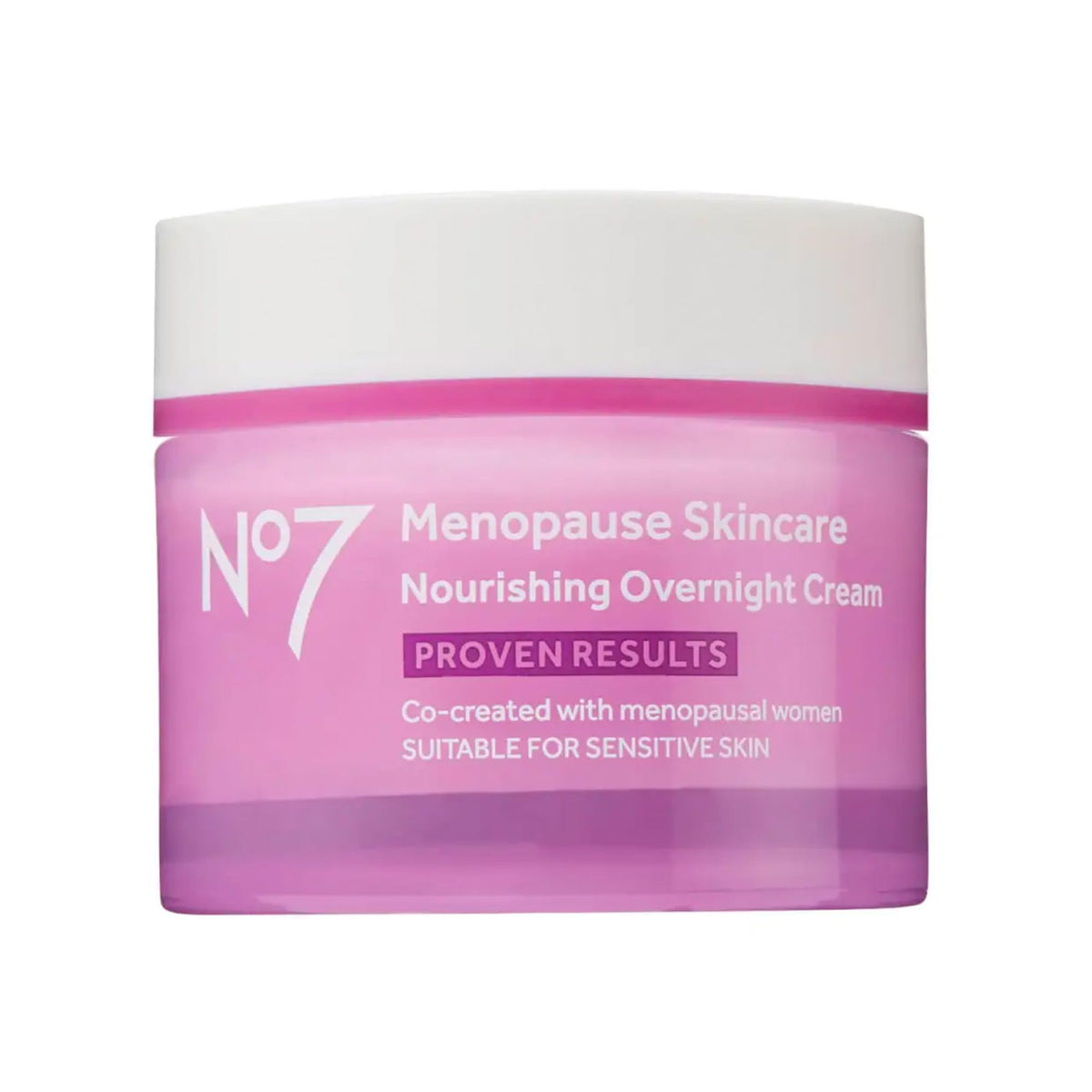 No7 menopause nourishing overnight cream jar on vanity delivering overnight hydration.