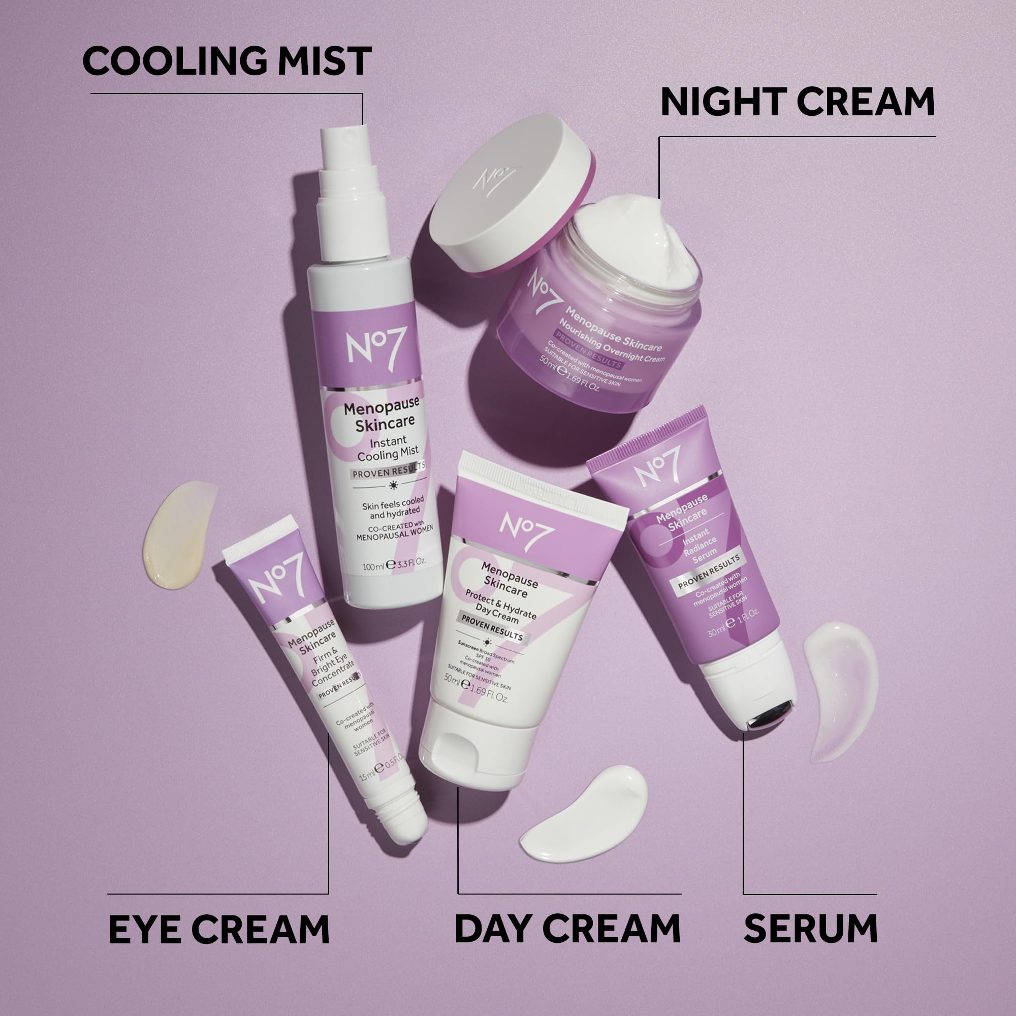 No7 menopause skincare packaging box displayed on vanity.