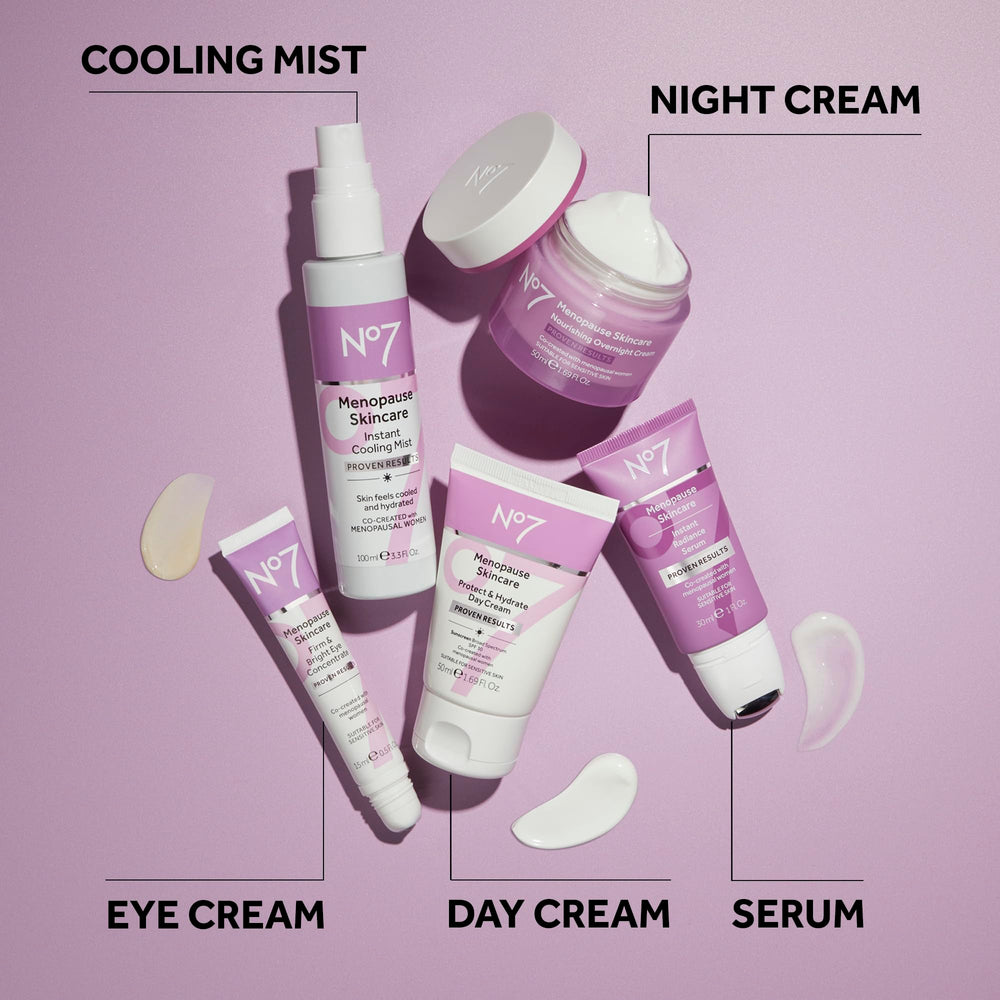 No7 menopause skincare packaging box displayed on vanity.
