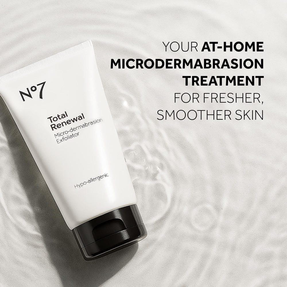 No7 Microdermabrasion Total Renewal before-after frame hints at even skin tone after regular use.