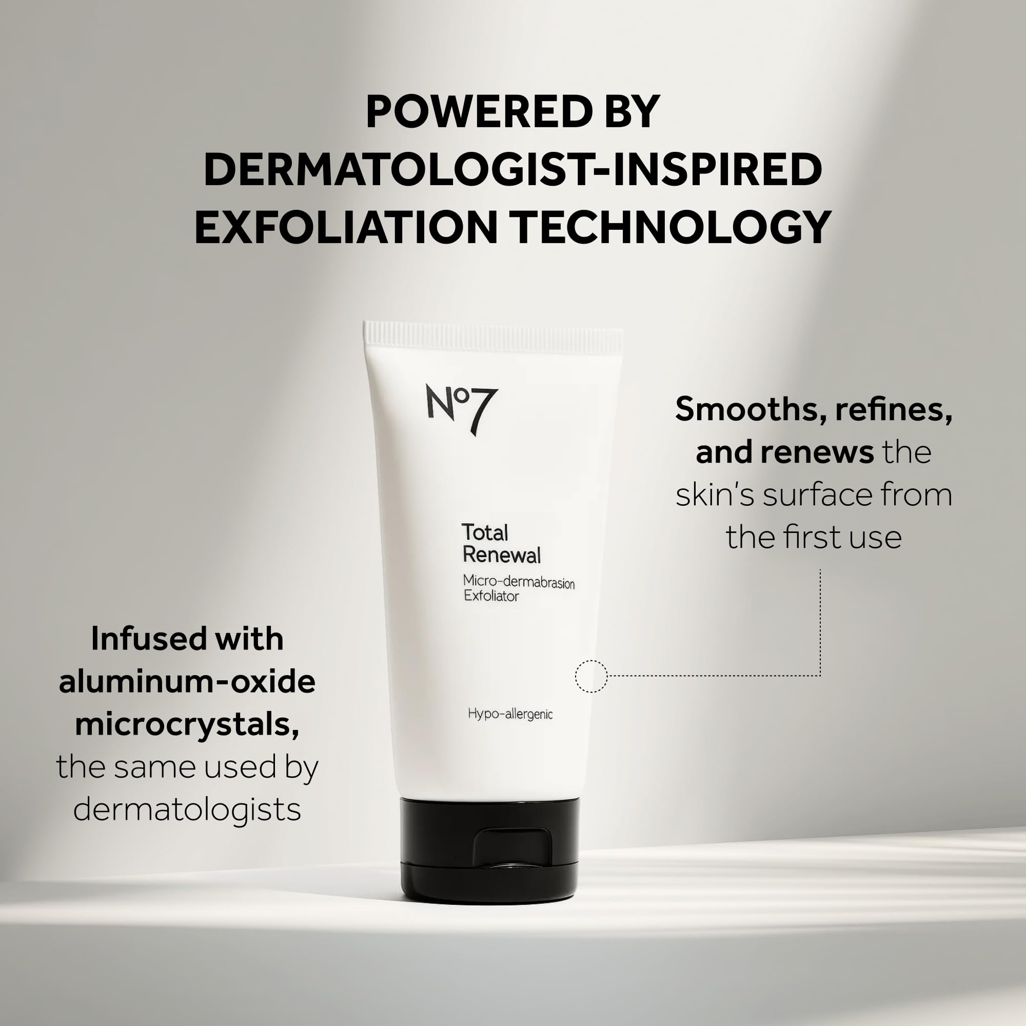 No7 Microdermabrasion Total Renewal packaging conveys hypoallergenic care for sensitive or blemish-prone skin.