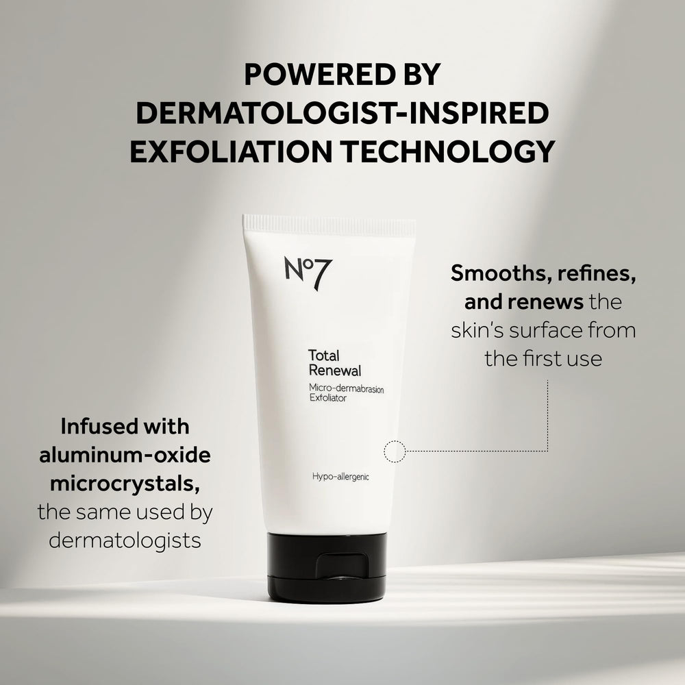 No7 Microdermabrasion Total Renewal packaging conveys hypoallergenic care for sensitive or blemish-prone skin.