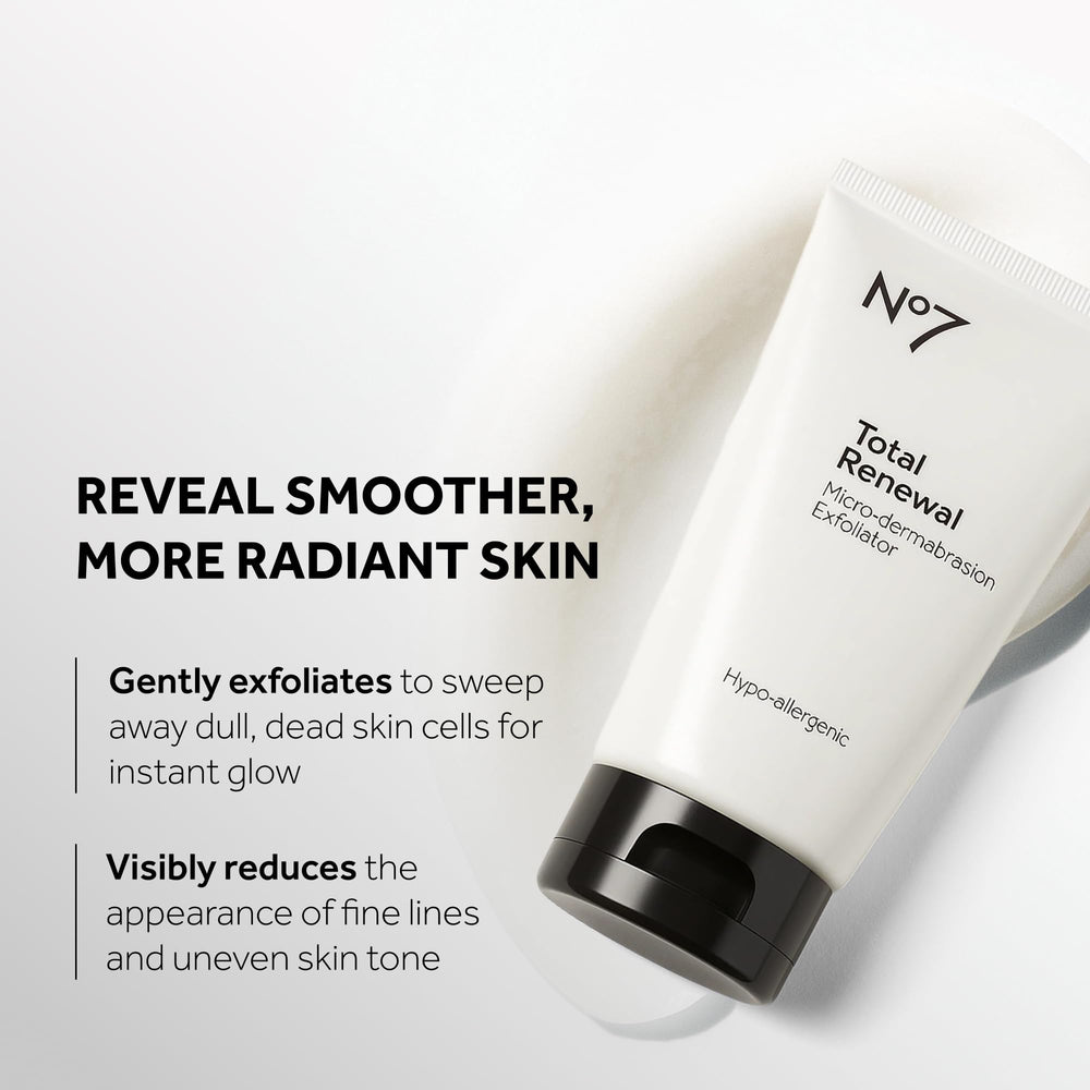 No7 Microdermabrasion Total Renewal face scrub texture closeup shows fine crystals for refreshed skin.