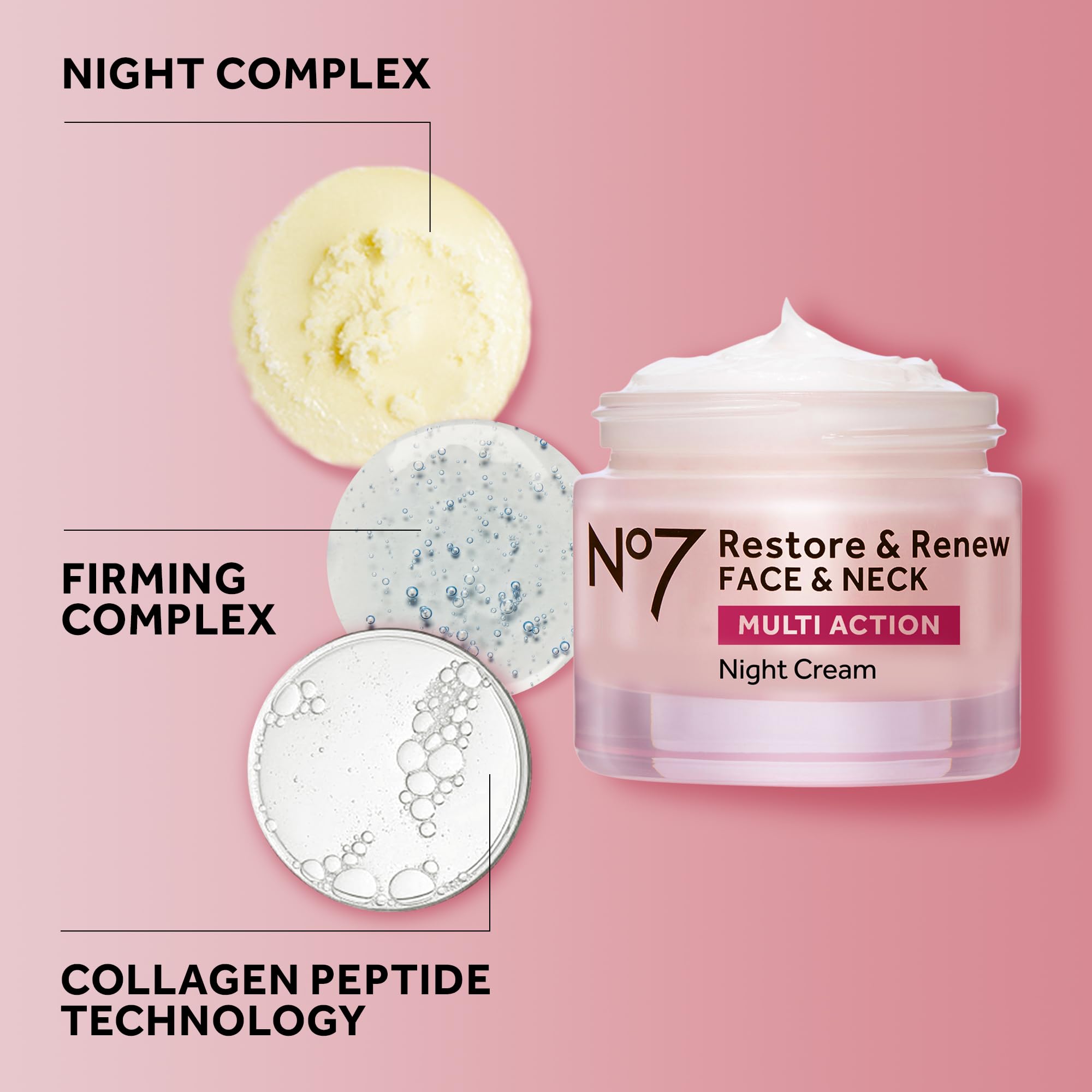 No7 Restore and Renew night cream resting in a calm bedside setup for nightly renewal.