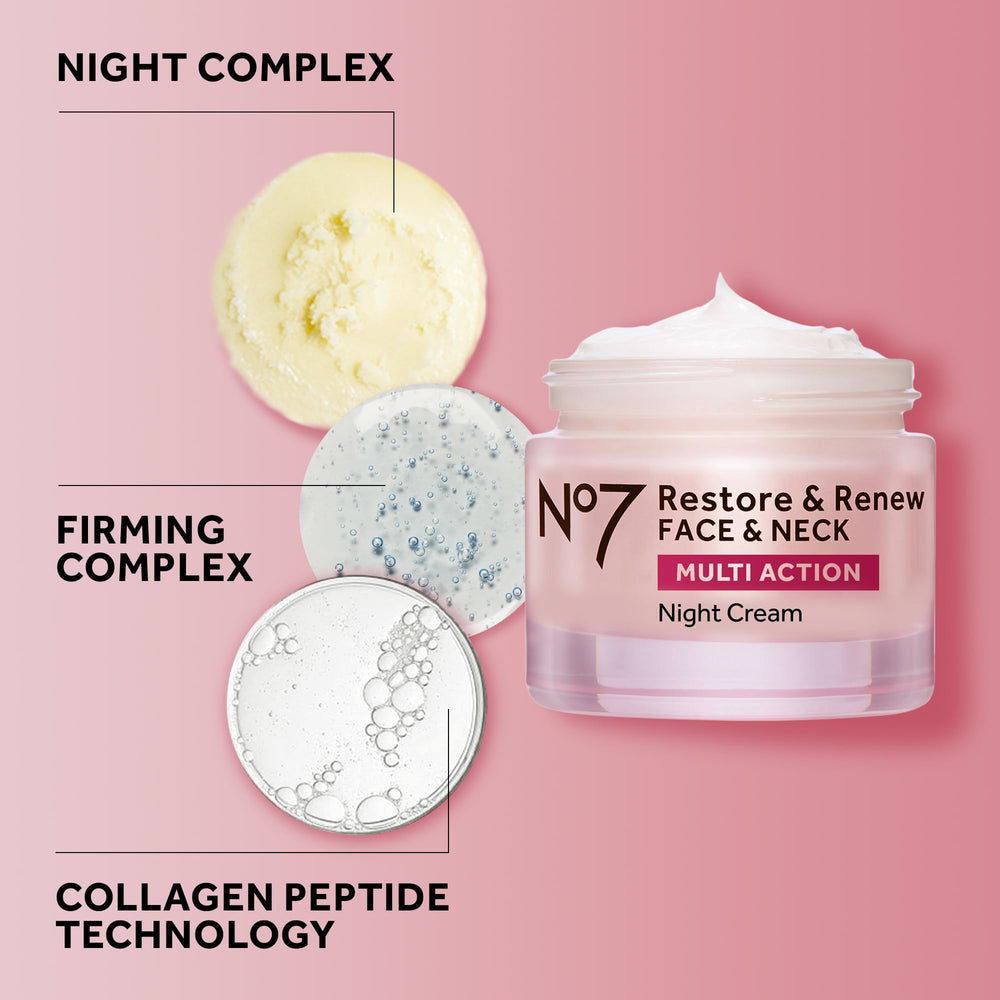 No7 Restore and Renew night cream resting in a calm bedside setup for nightly renewal.