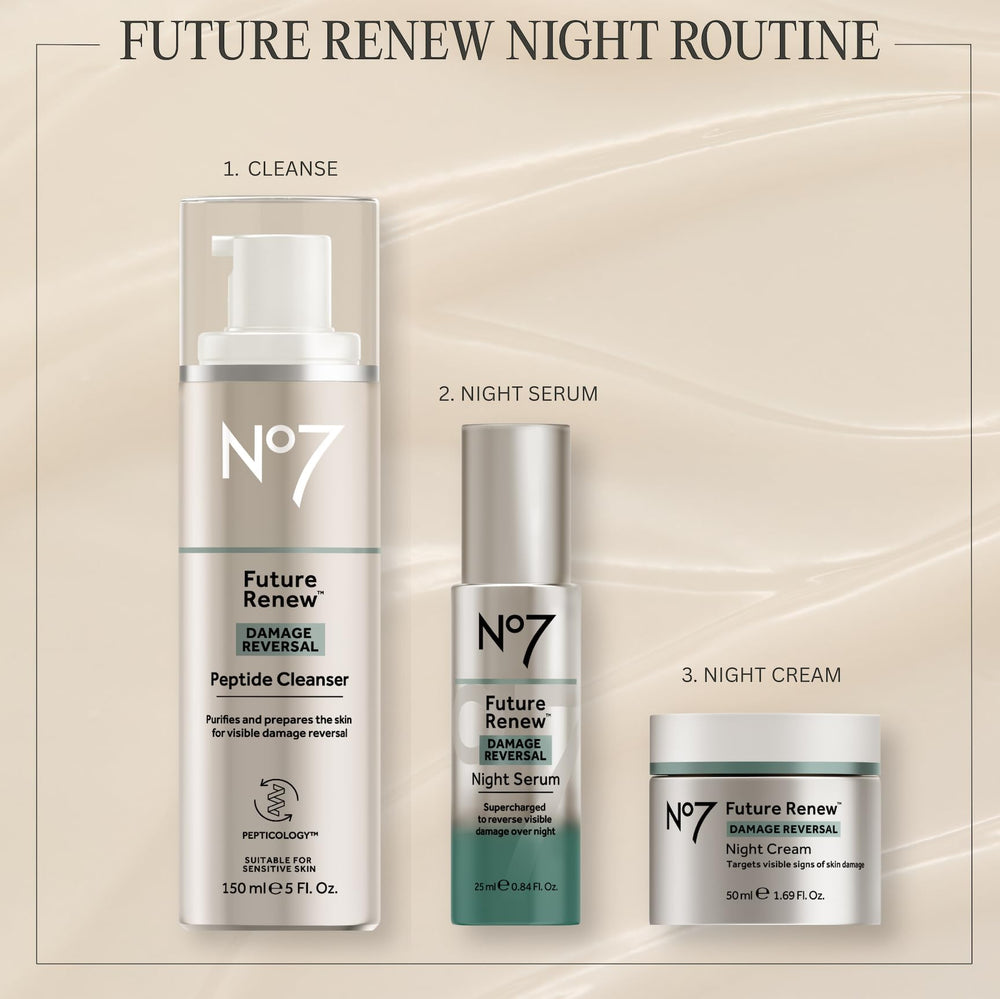 No7 serum on bedside table representing nighttime skincare routine